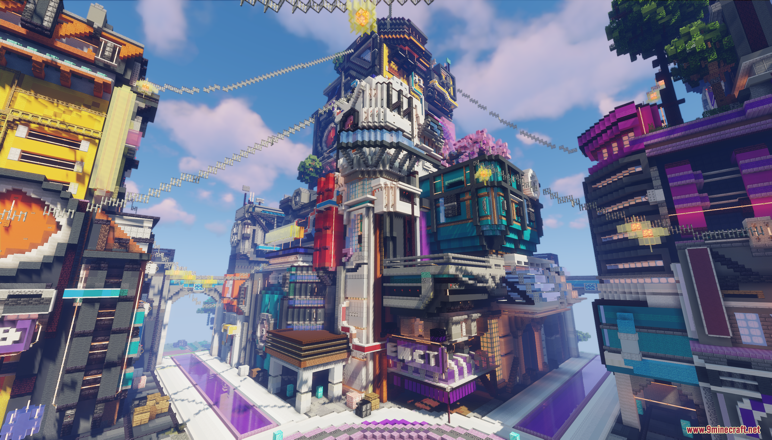 Vibrant cyberpunk city street with tall buildings and glowing purple pathways