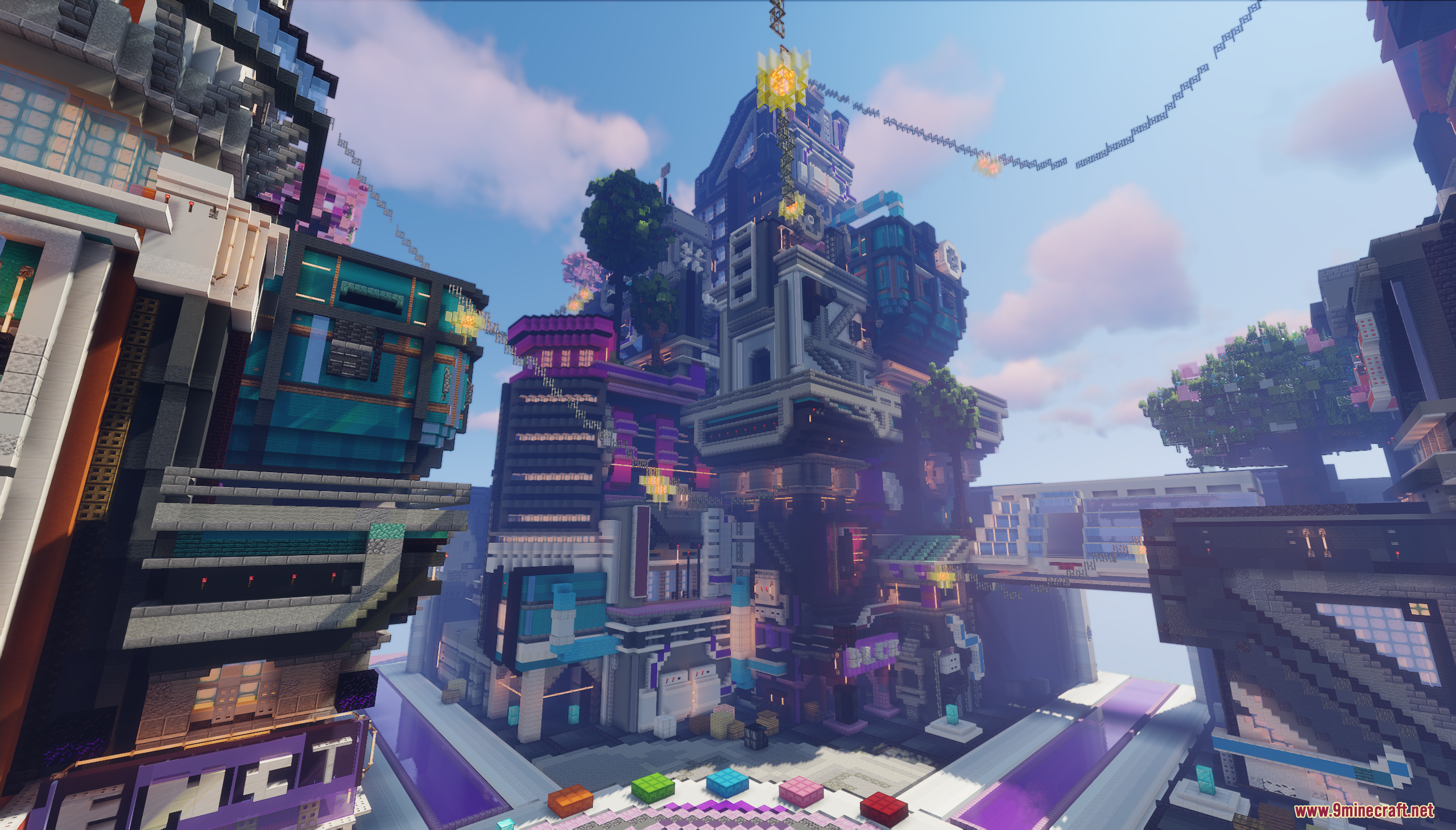 Detailed view of the futuristic cyberpunk spawn map with tall neon buildings