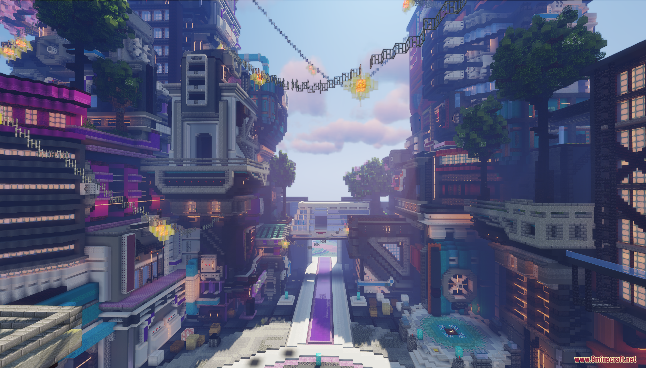 Central street view of a cyberpunk city with purple pathways and towers