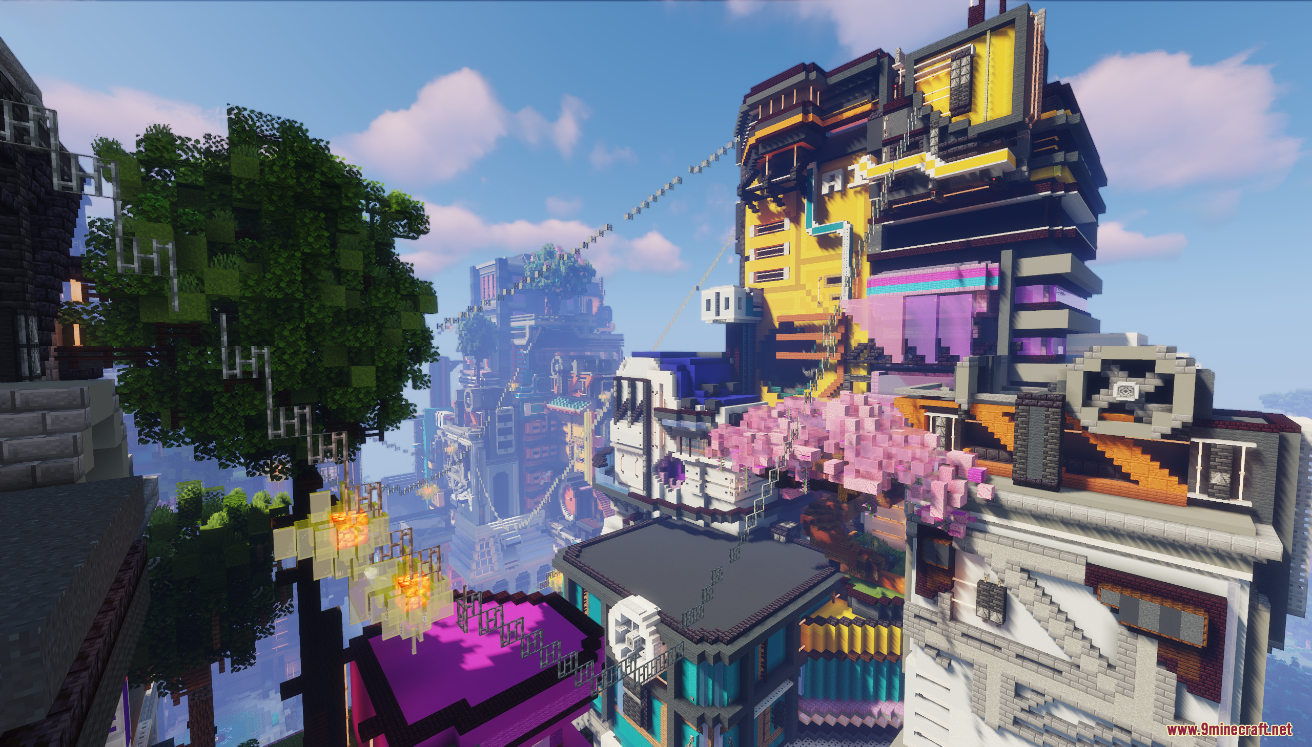 Vibrant futuristic city buildings with a large green tree and pink cherry blossoms