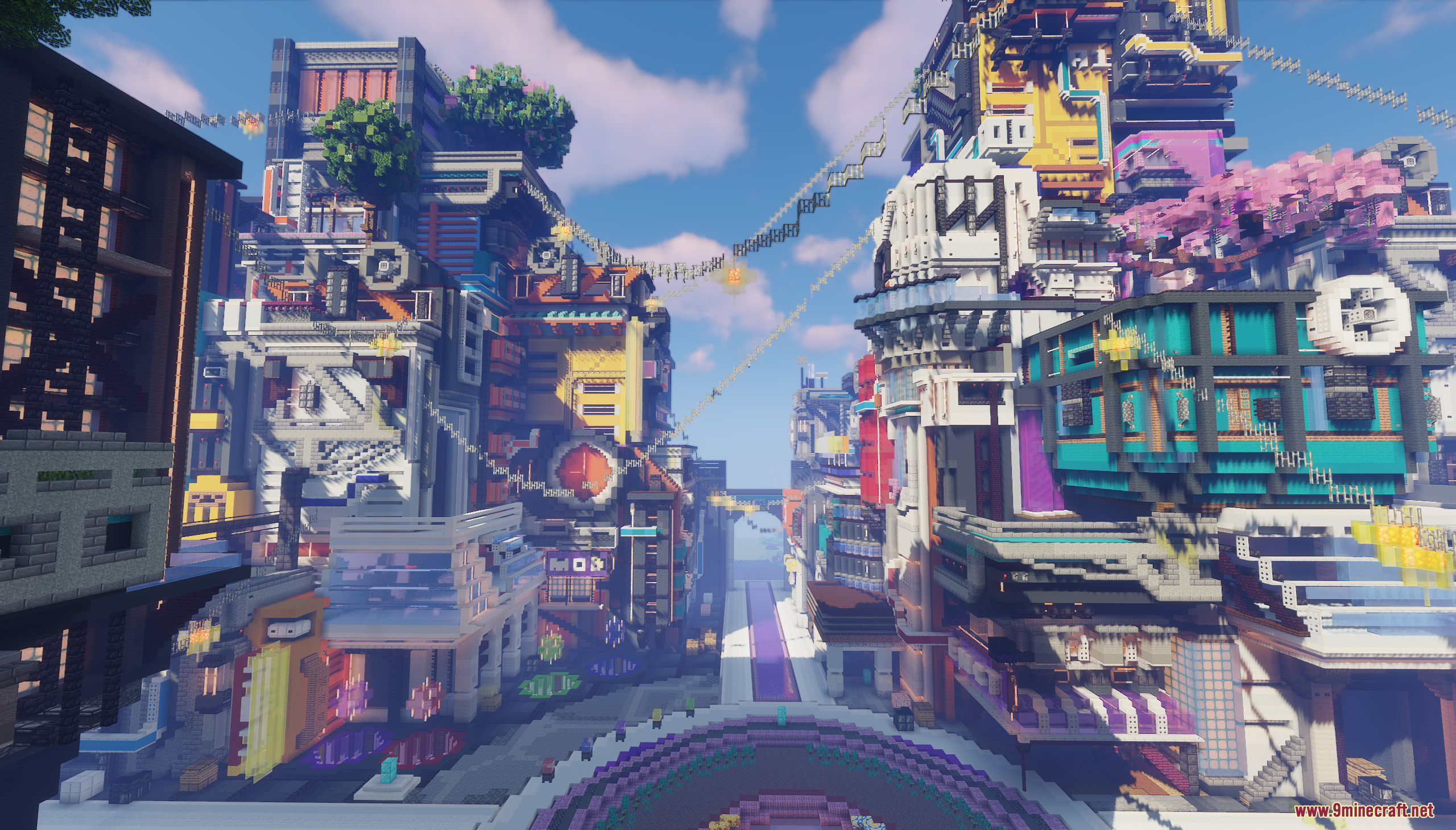A central purple pathway leading through a dense and colorful cyberpunk city environment