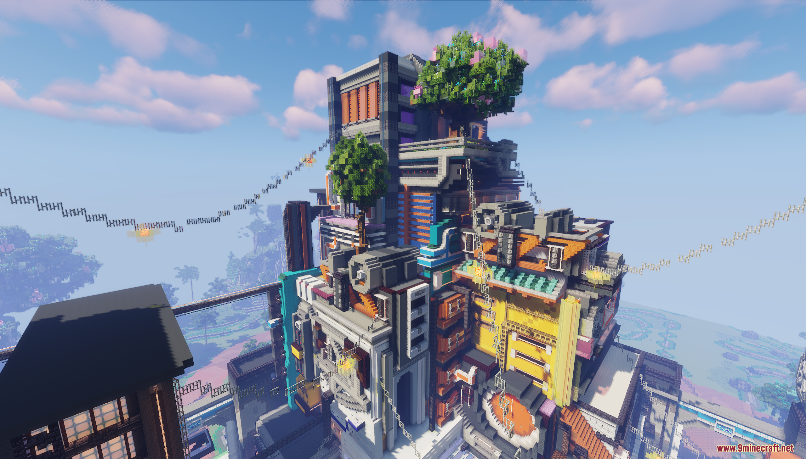 A massive cyberpunk skyscraper with vibrant colors and lush trees on top