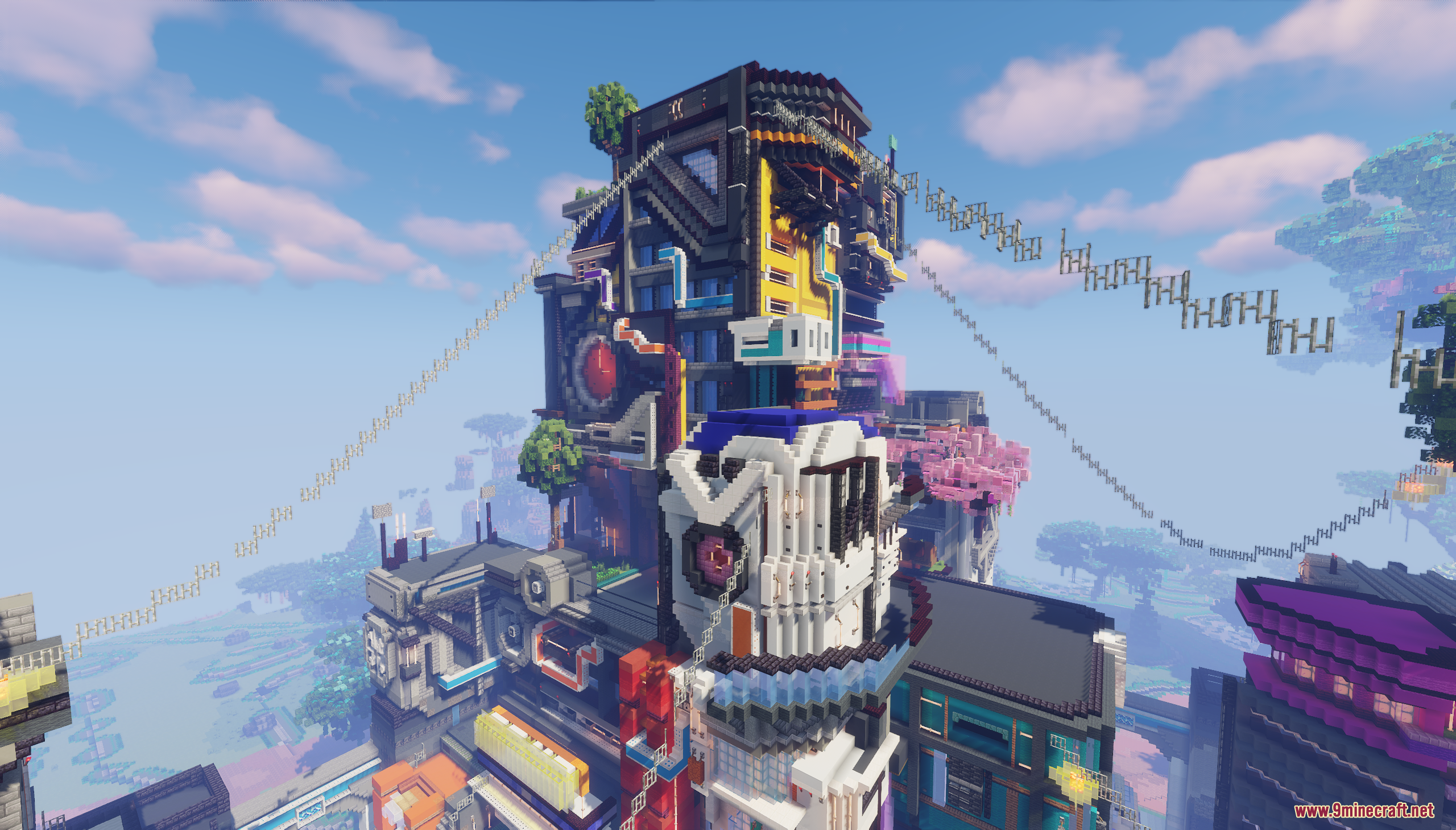 A futuristic city view featuring a large skull shaped building and neon lights