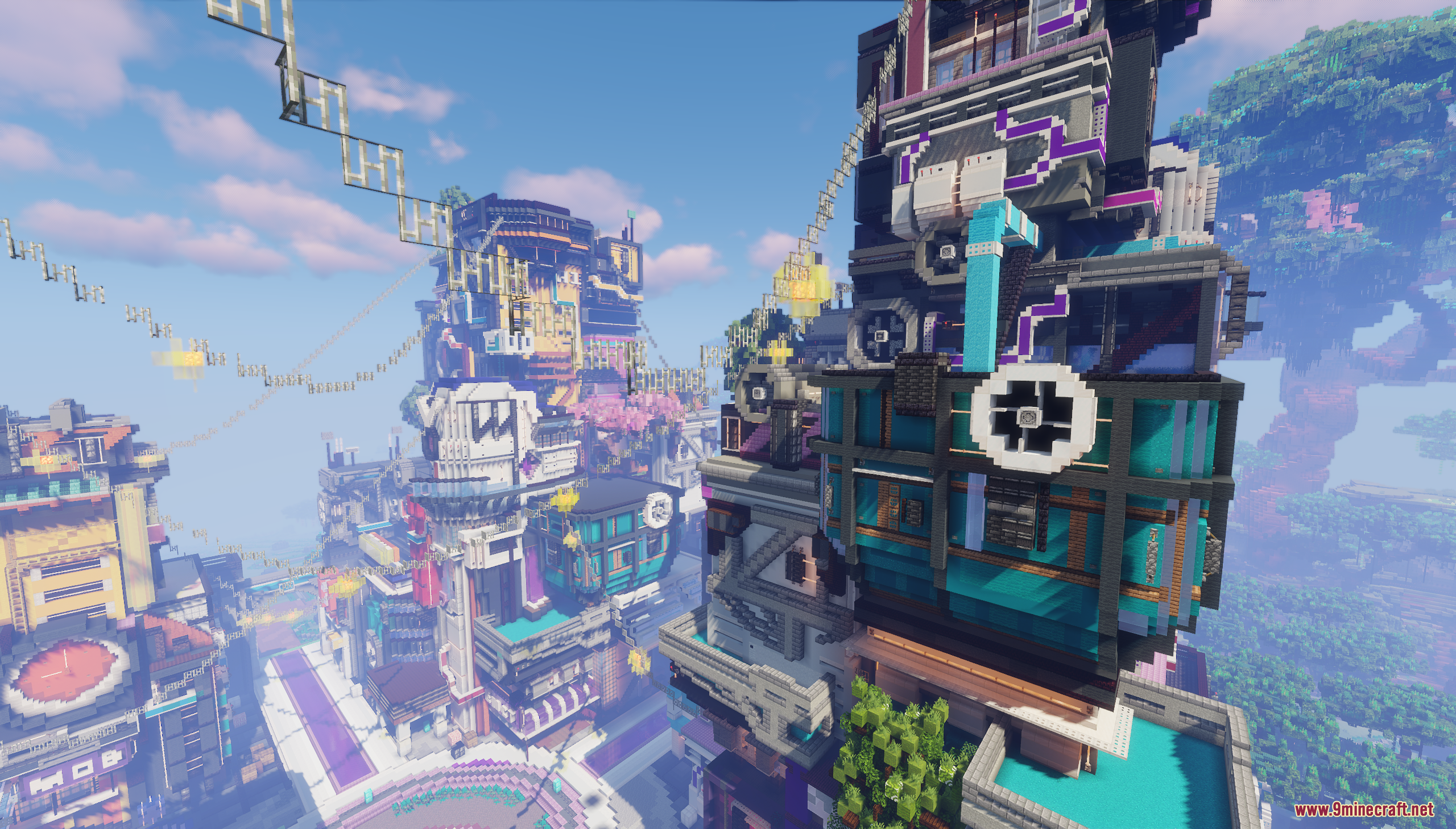 Detailed view of tall neon buildings in a futuristic cyberpunk city