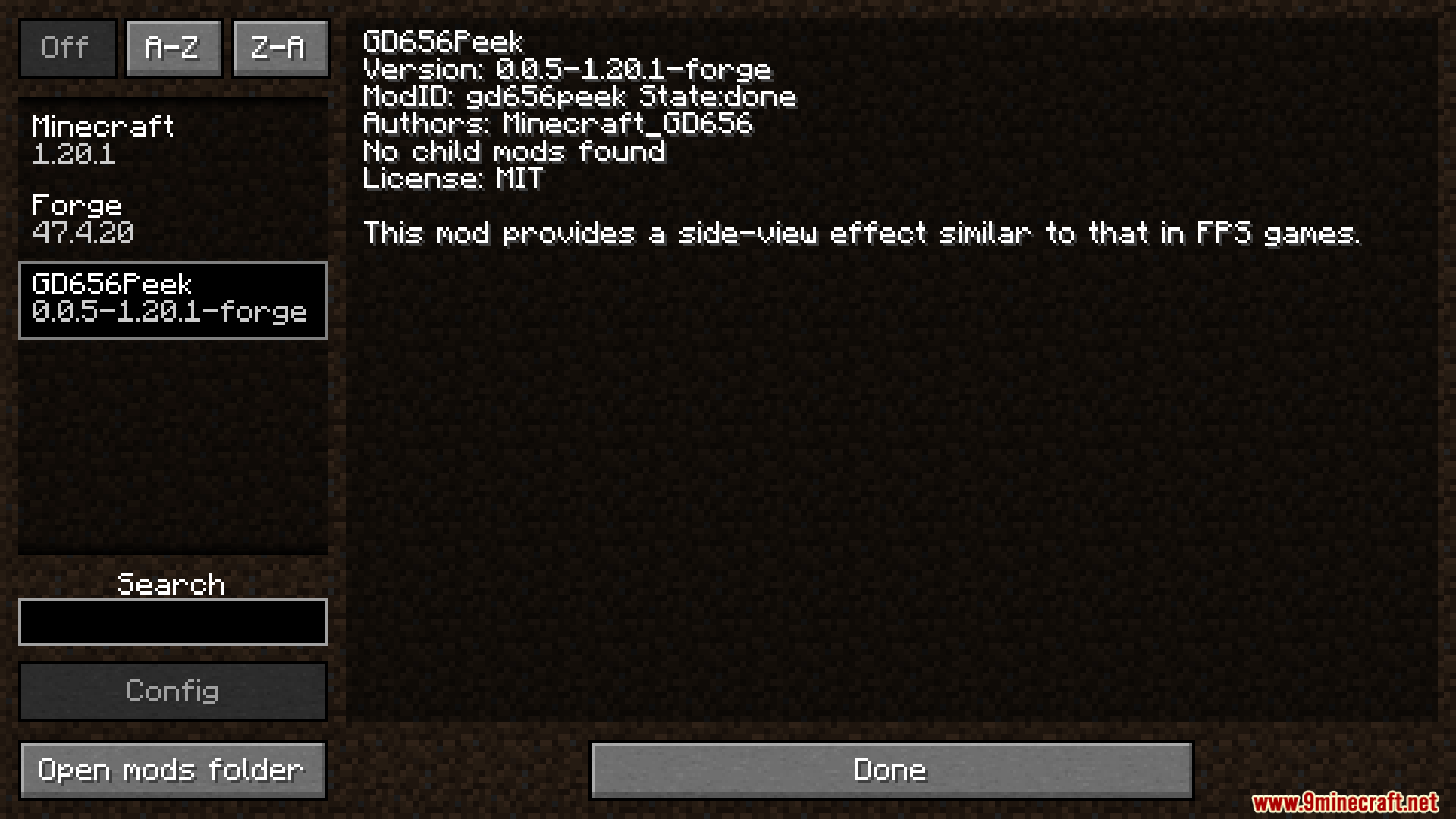 The Minecraft Forge mod menu displaying information for the GD656Peek mod