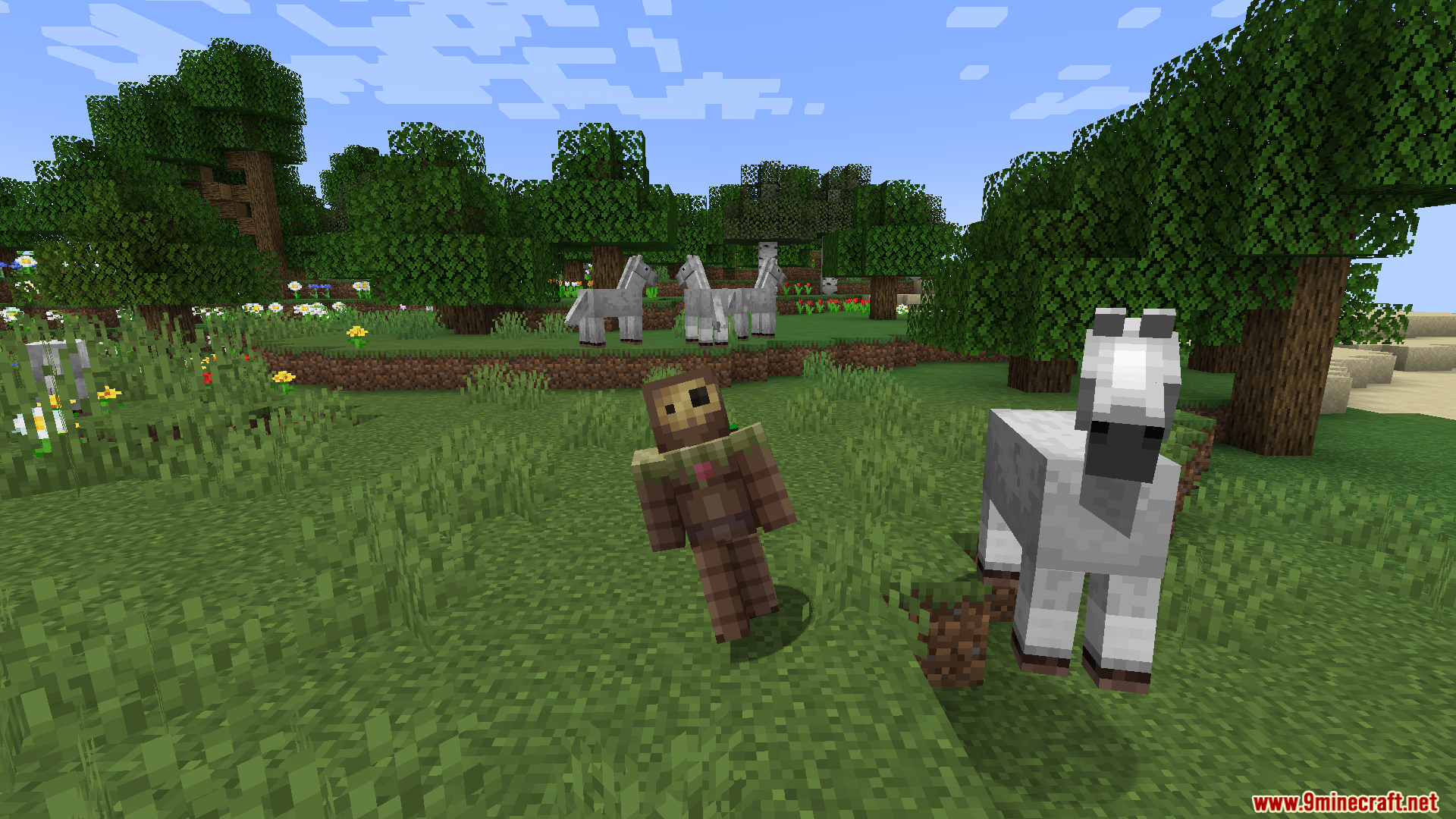 Third person view of a character leaning sideways next to a horse