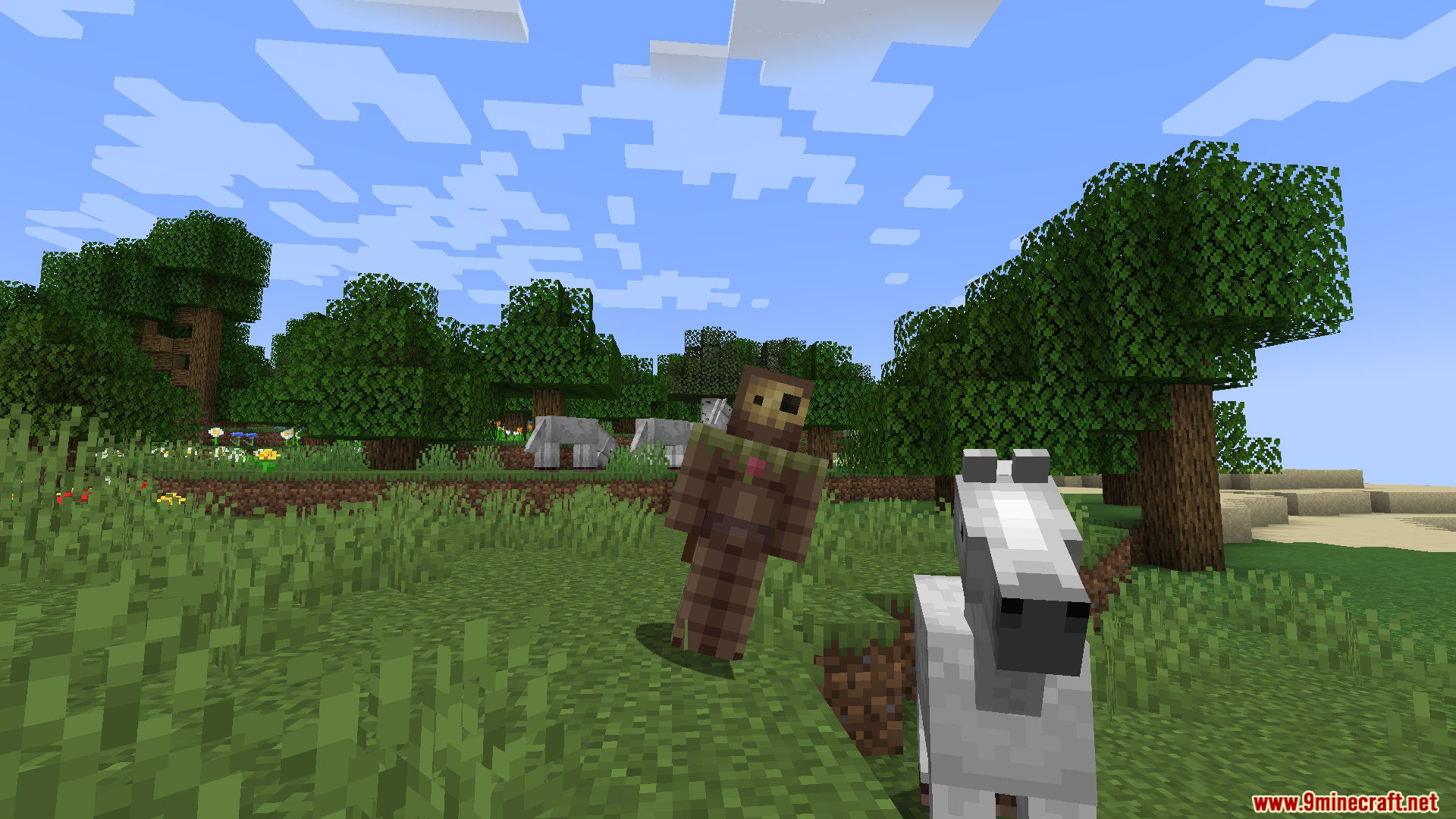 A Minecraft player character leaning to the side while standing near a horse