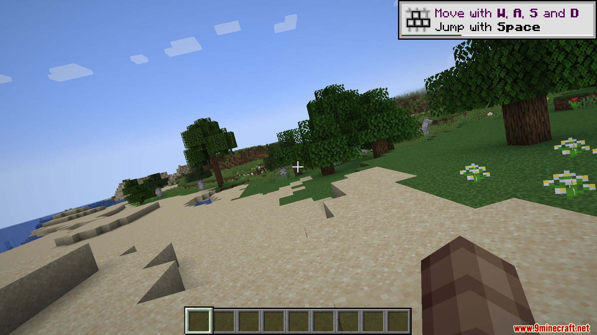 First person view of a player standing on a beach with tutorial instructions