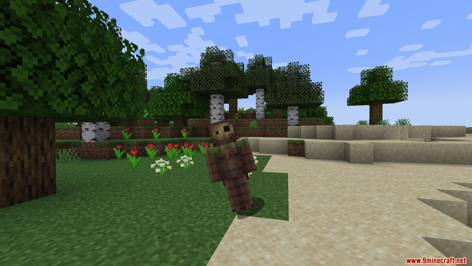 A player character uses GD656Peek Mod to lean right in a forest biome