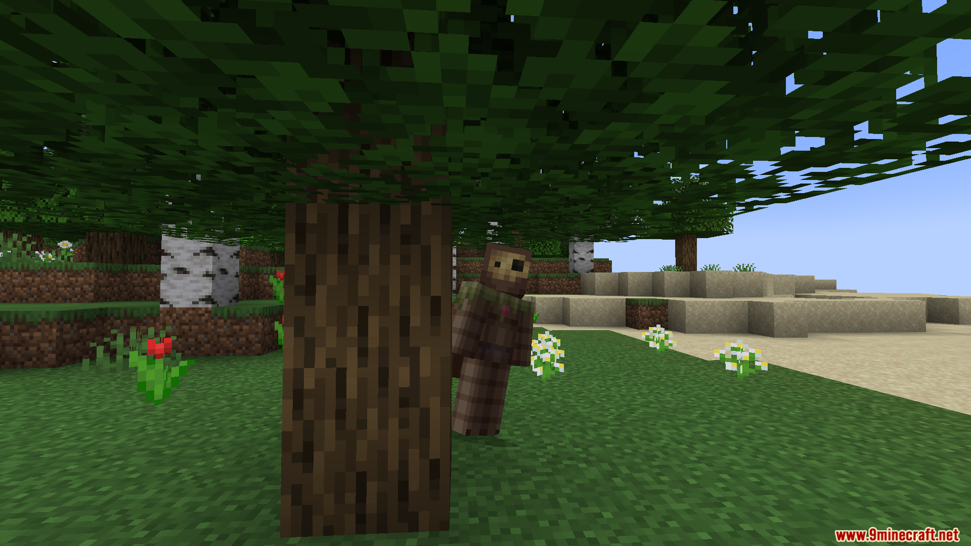 A player character peeks from behind a tree trunk in the woods