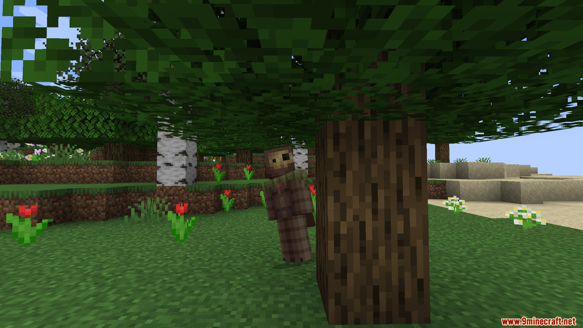 A player character peeking from behind a tree trunk in a flower forest