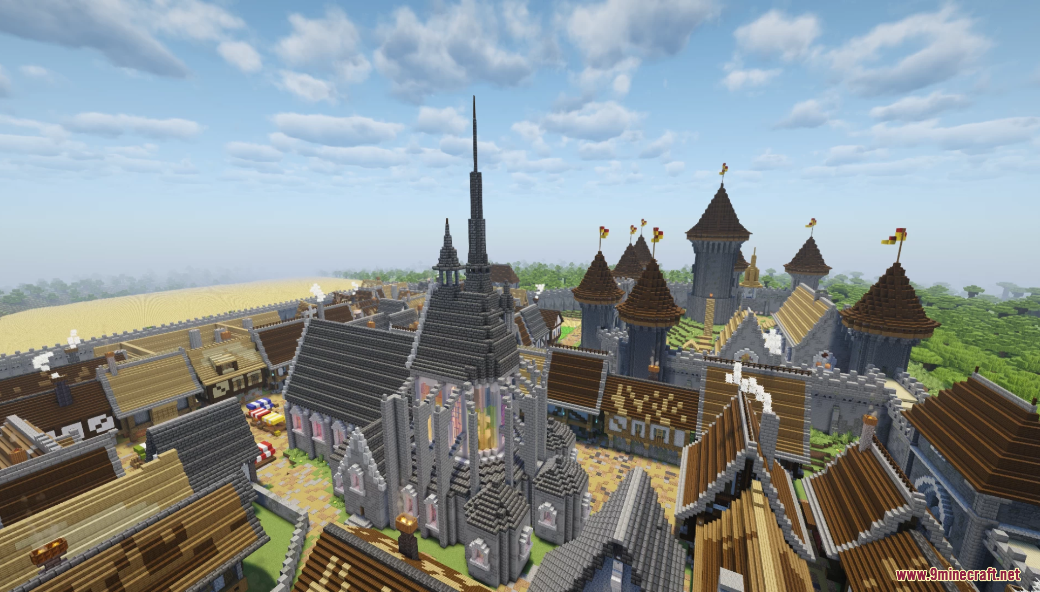 A detailed stone cathedral stands near a castle with yellow flags