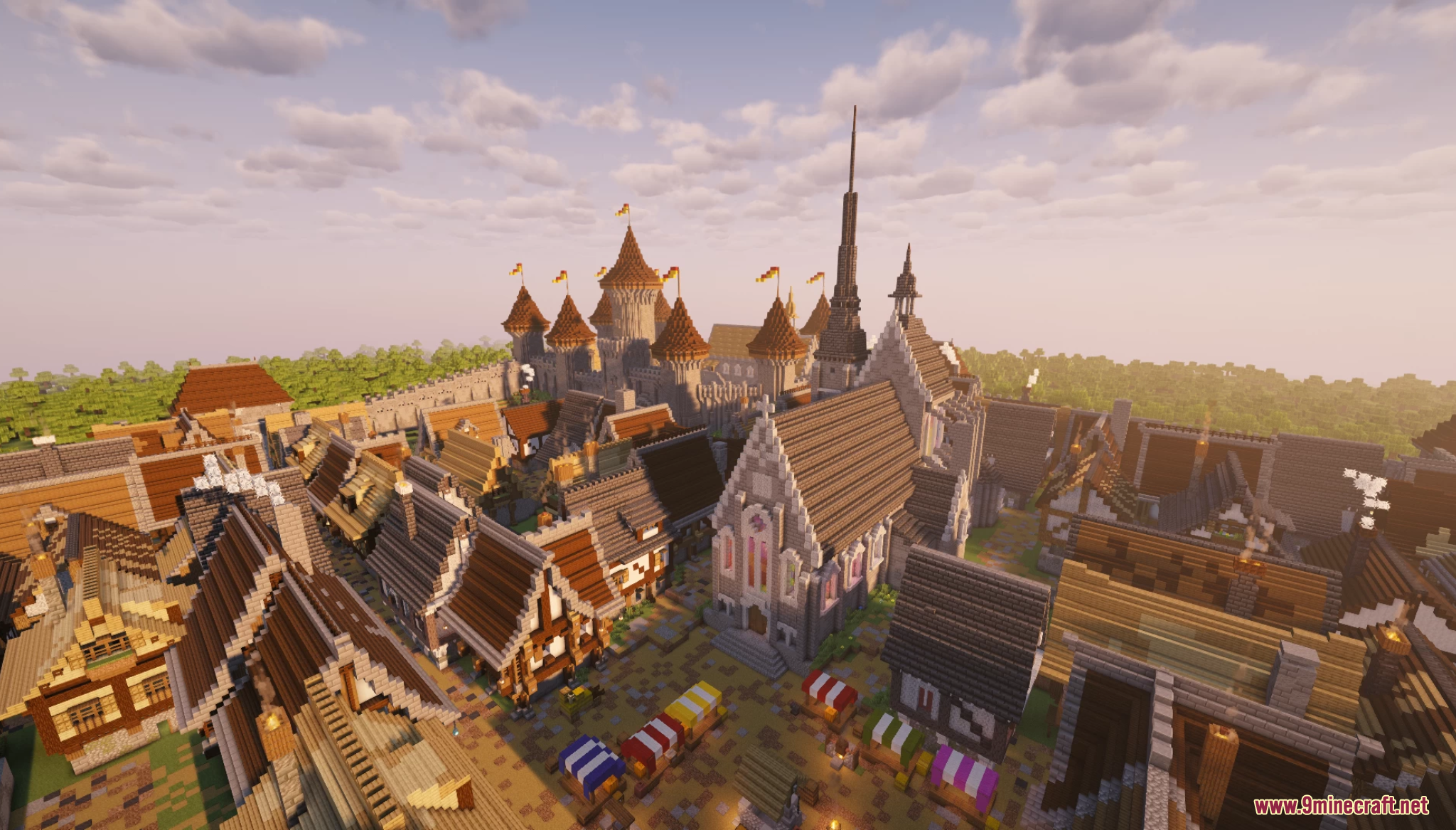 Detailed view of medieval houses and a church inside a fortified town square