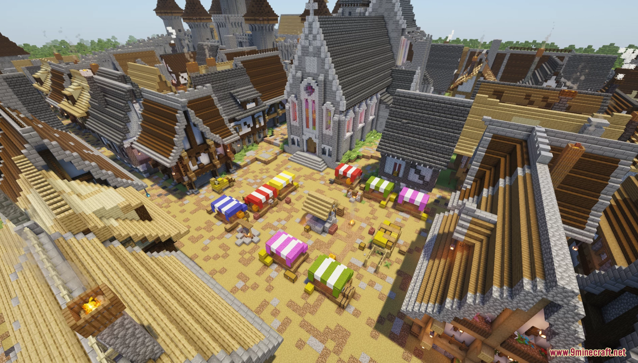 A medieval market square with colorful stalls and a large stone church