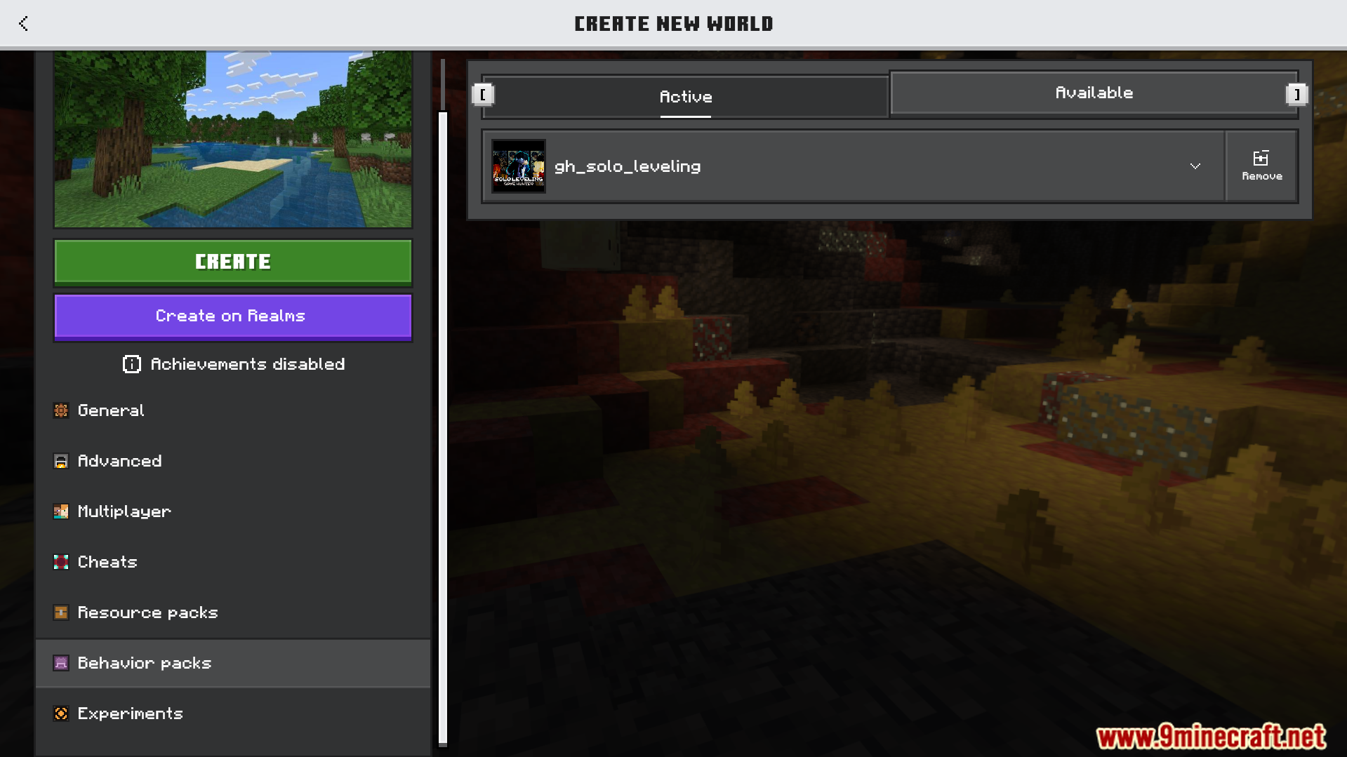 Minecraft world creation menu showing the active GameHunters Solo Leveling behavior pack
