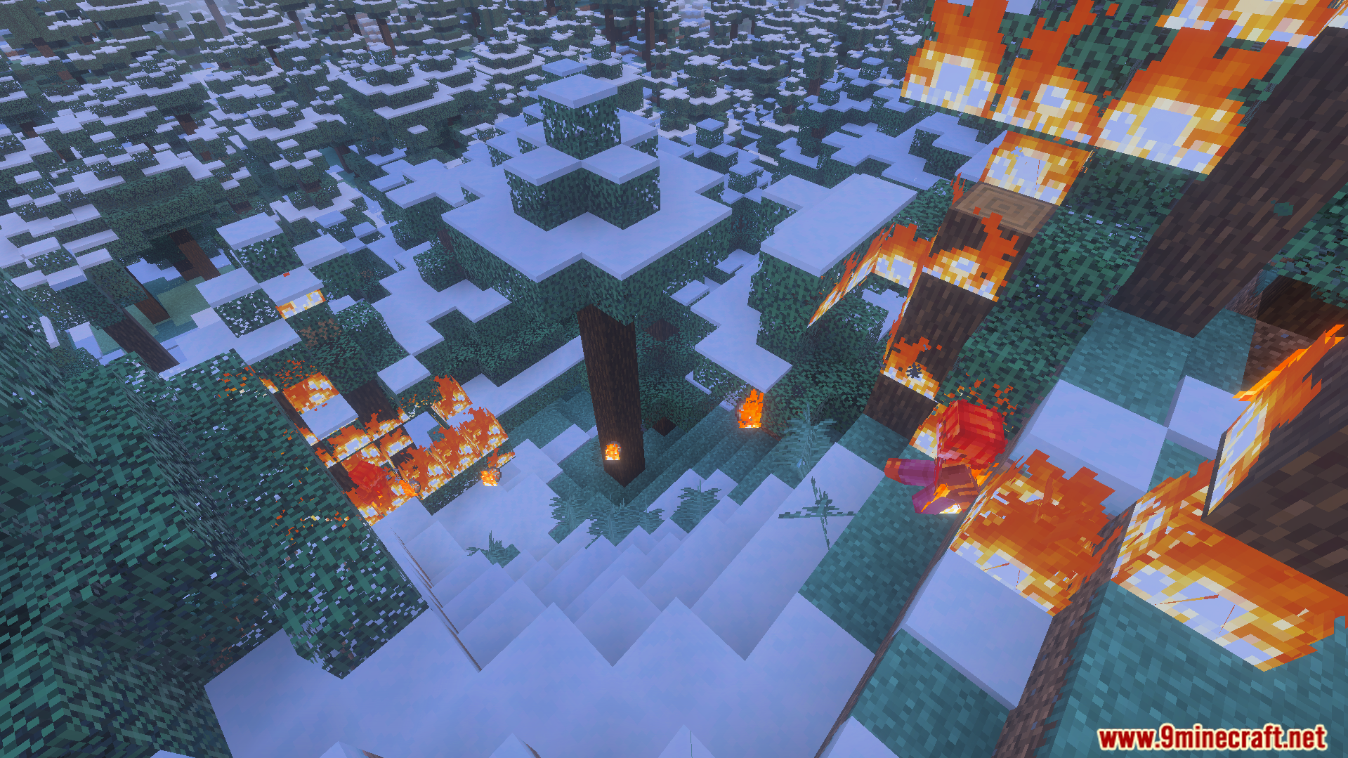 Choi Jong In using powerful fire magic to burn trees in snowy forest