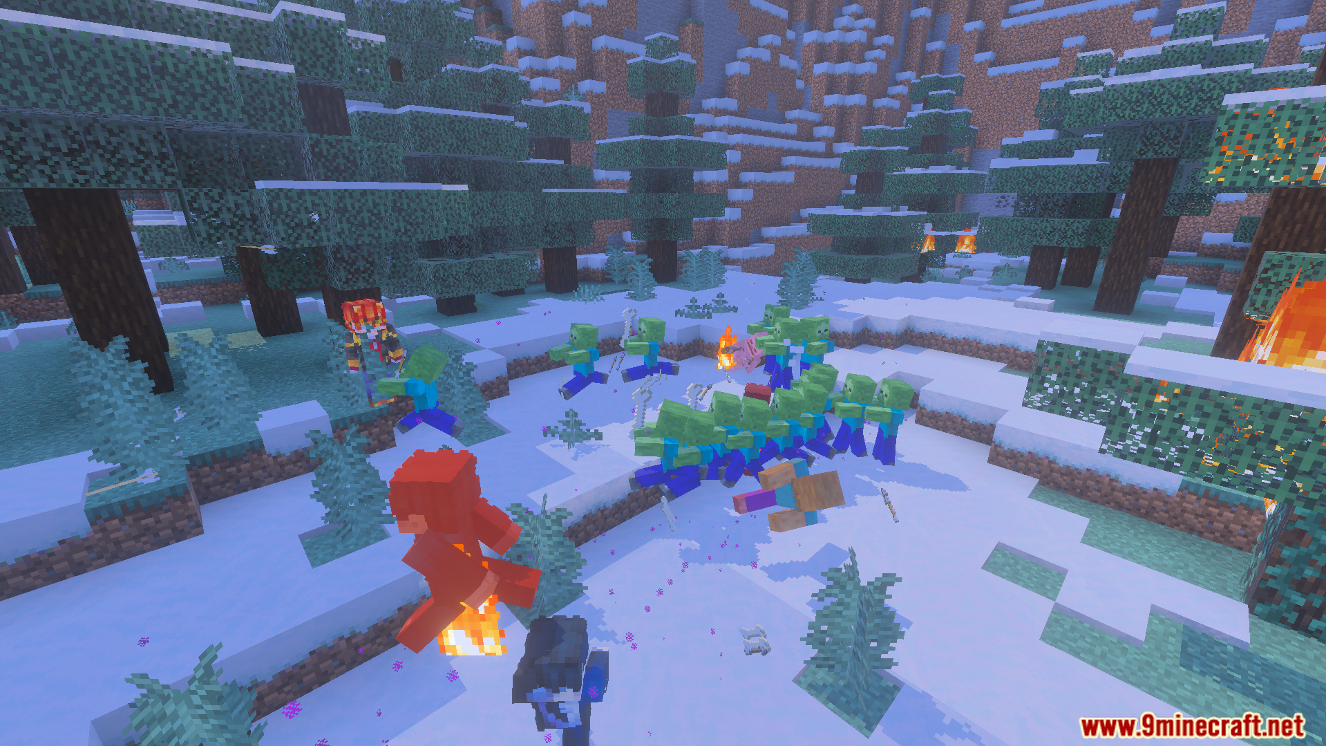 Character using fire magic to attack a group of zombies in snow