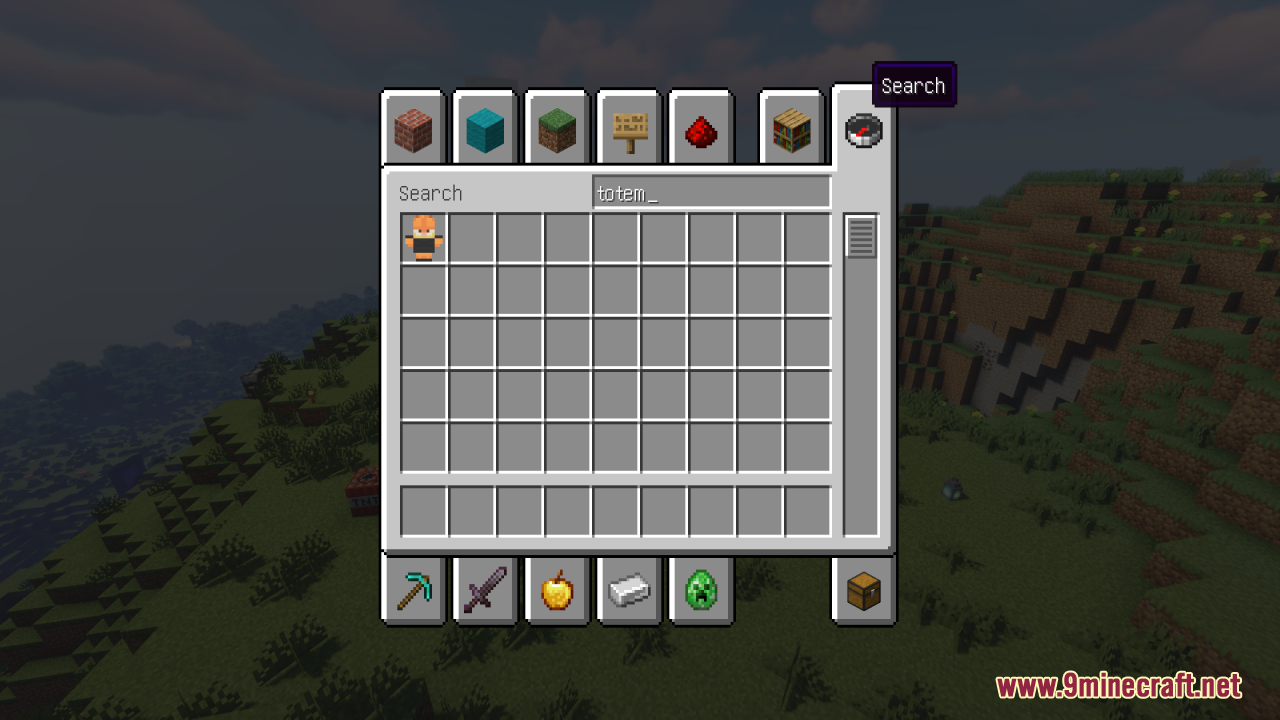 The creative inventory search bar shows a custom orange cat totem item
