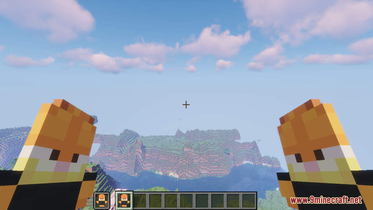 Minecraft player dual wielding funny orange cat totems in a landscape