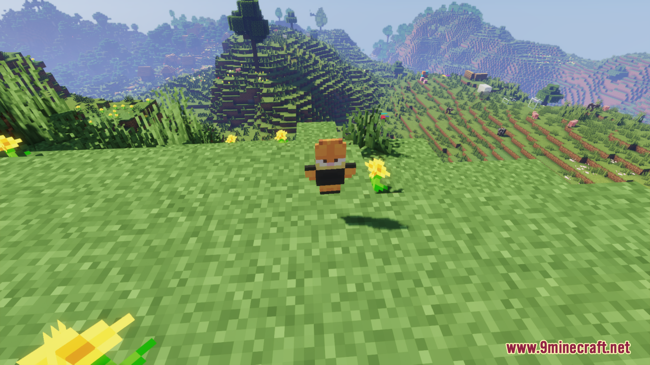 A Garfield Totem of Undying floating above a grassy field with flowers