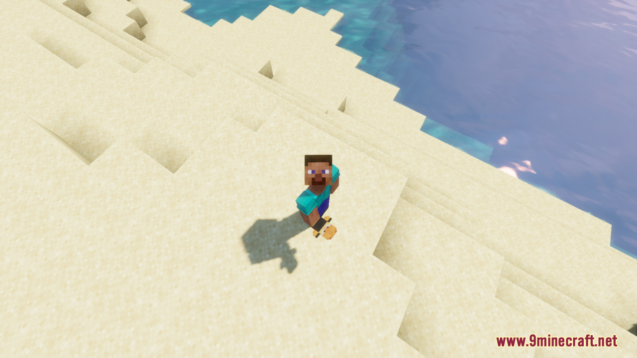 Steve standing on a sandy beach holding a Garfield totem of undying