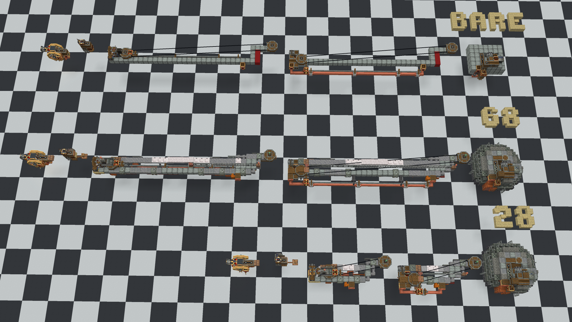 Top down view of three mechanical refueler arm variants on checkered floor