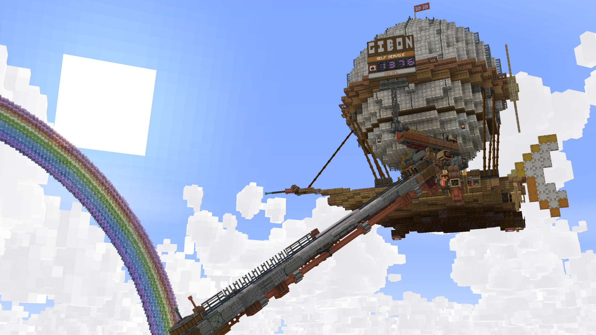 Mechanical arm reaching up to refuel a large airship in the sky