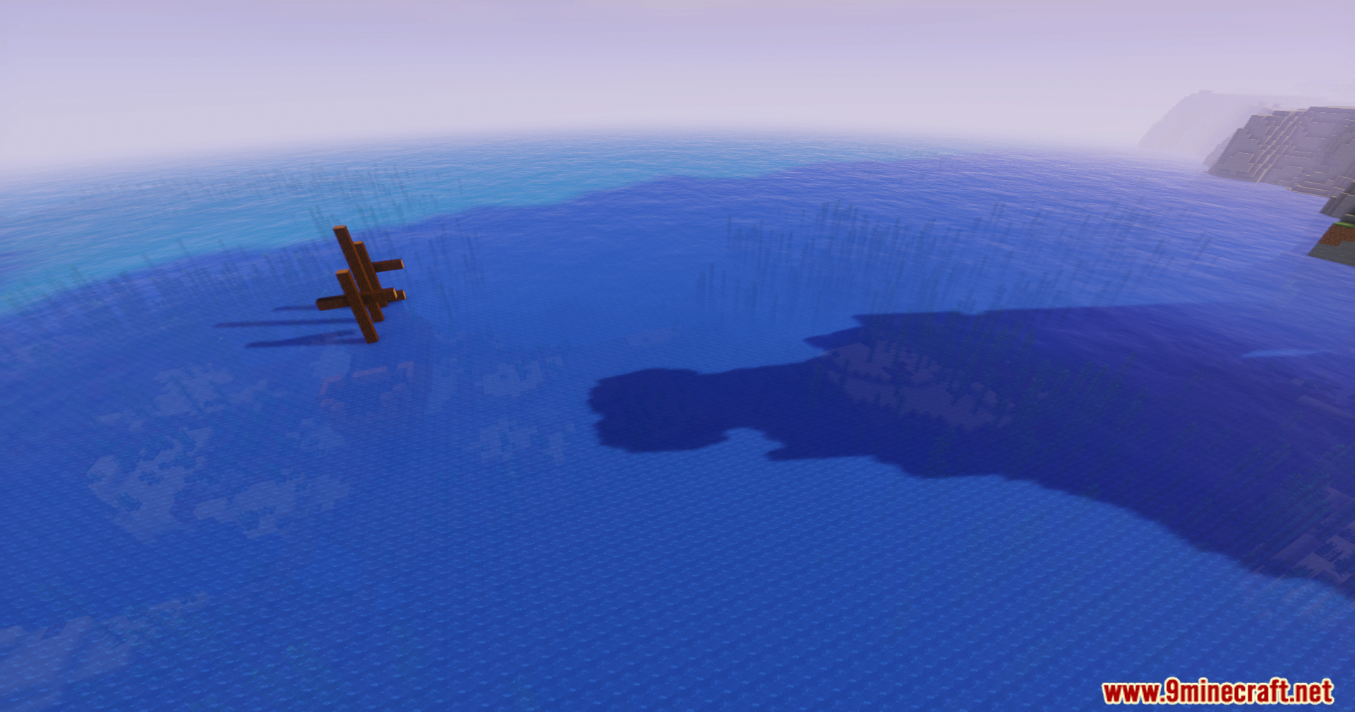 GlamorousSP Shaders Screenshot 10 A wooden structure casting a long shadow on the vast blue ocean