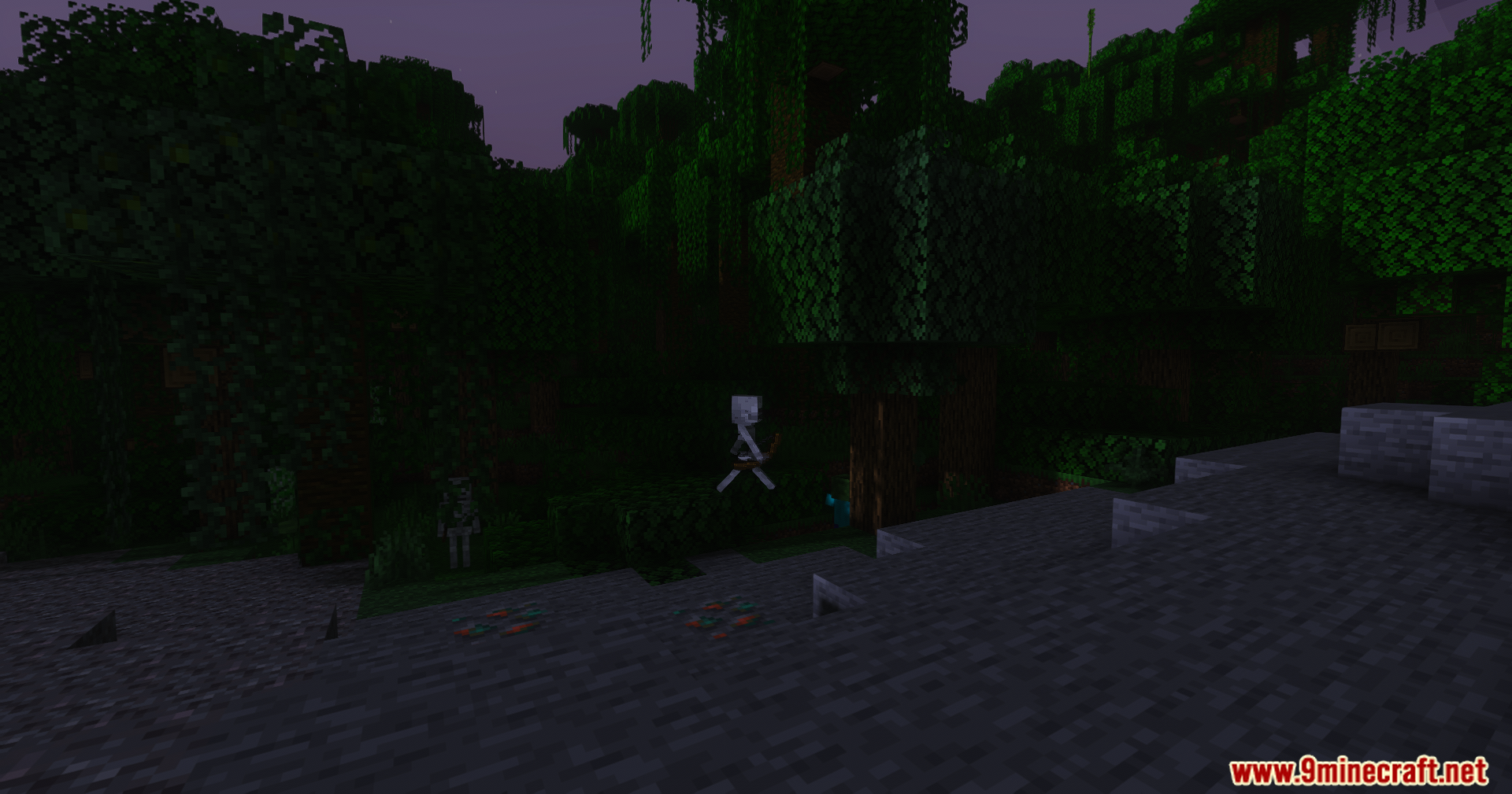 GlamorousSP Shaders Screenshot 2 A skeleton archer stands among dense jungle trees in the dark night