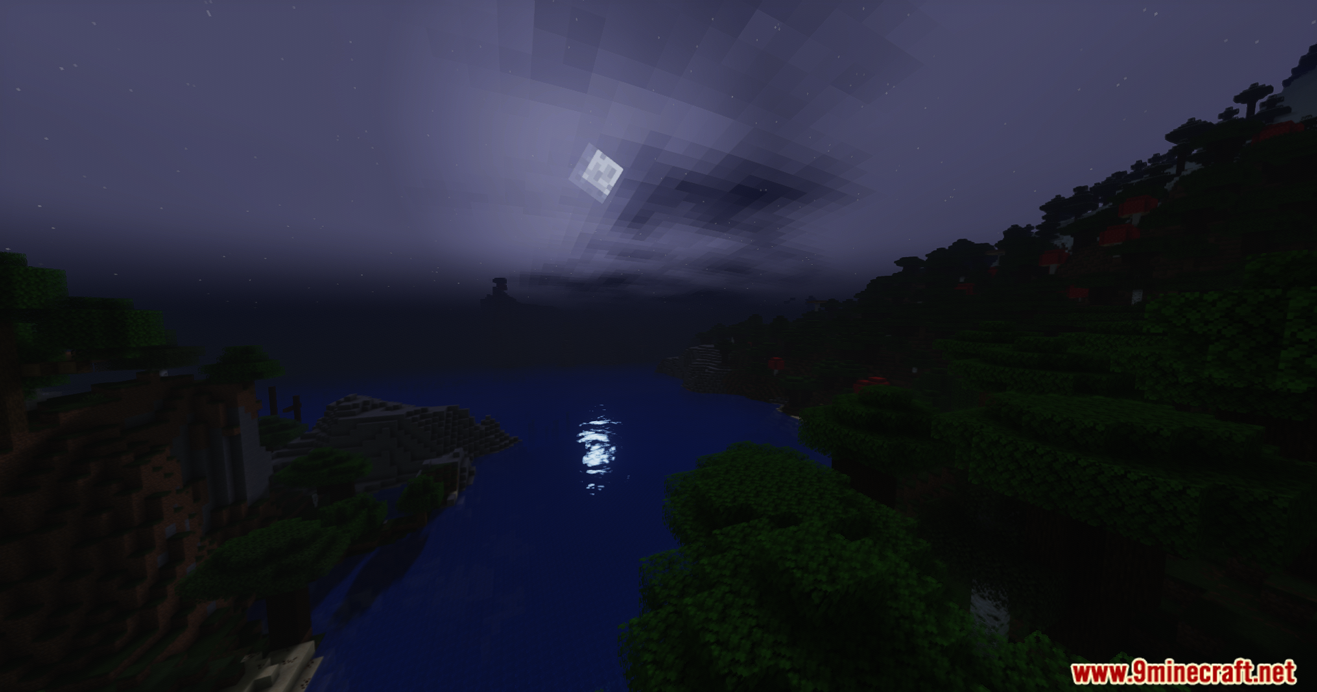 GlamorousSP Shaders Screenshot 4 A scenic night landscape with the moon reflecting on the water