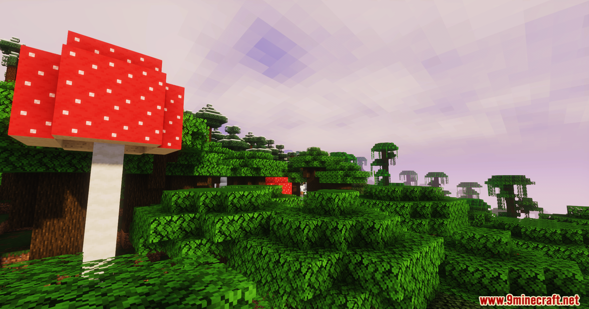 GlamorousSP Shaders Screenshot 5 A giant red mushroom stands in a lush forest under a soft purple sky