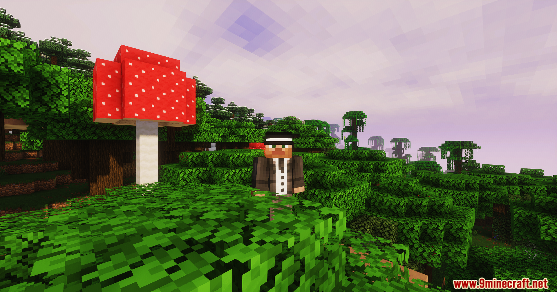 GlamorousSP Shaders Screenshot 6 Minecraft player in a suit stands next to a giant mushroom in the forest