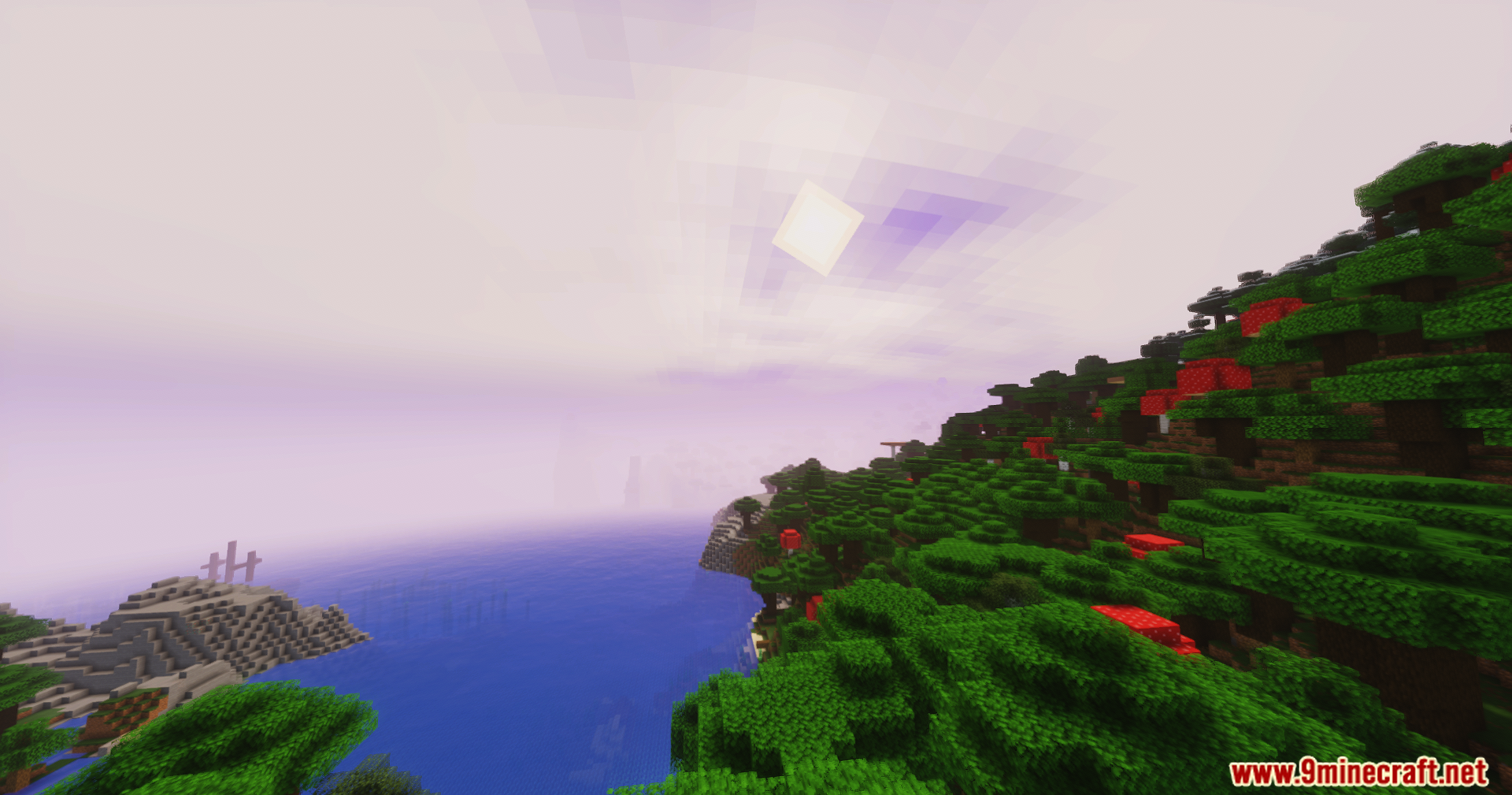 GlamorousSP Shaders Screenshot 7 GlamorousSP Shaders creates a beautiful purple sunset over a lush forest biome