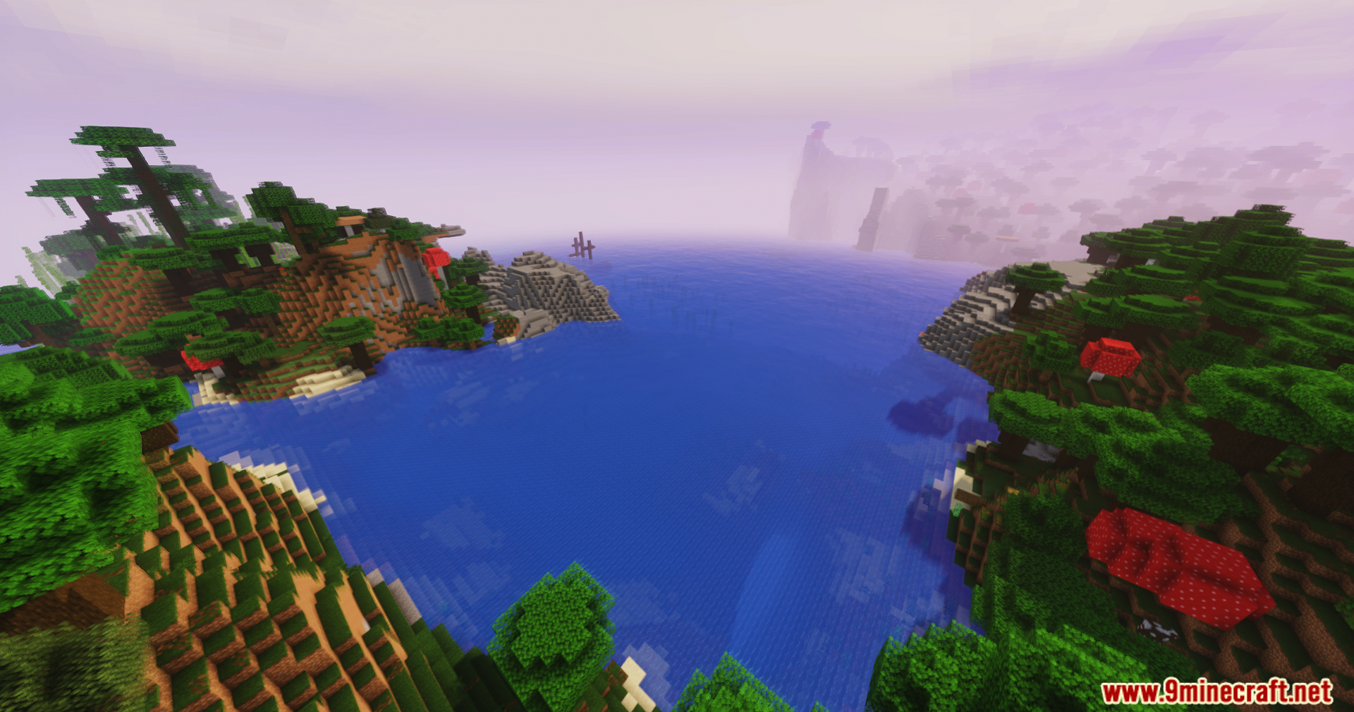 GlamorousSP Shaders Screenshot 8 Lush green hills and red mushrooms overlooking a calm blue ocean bay