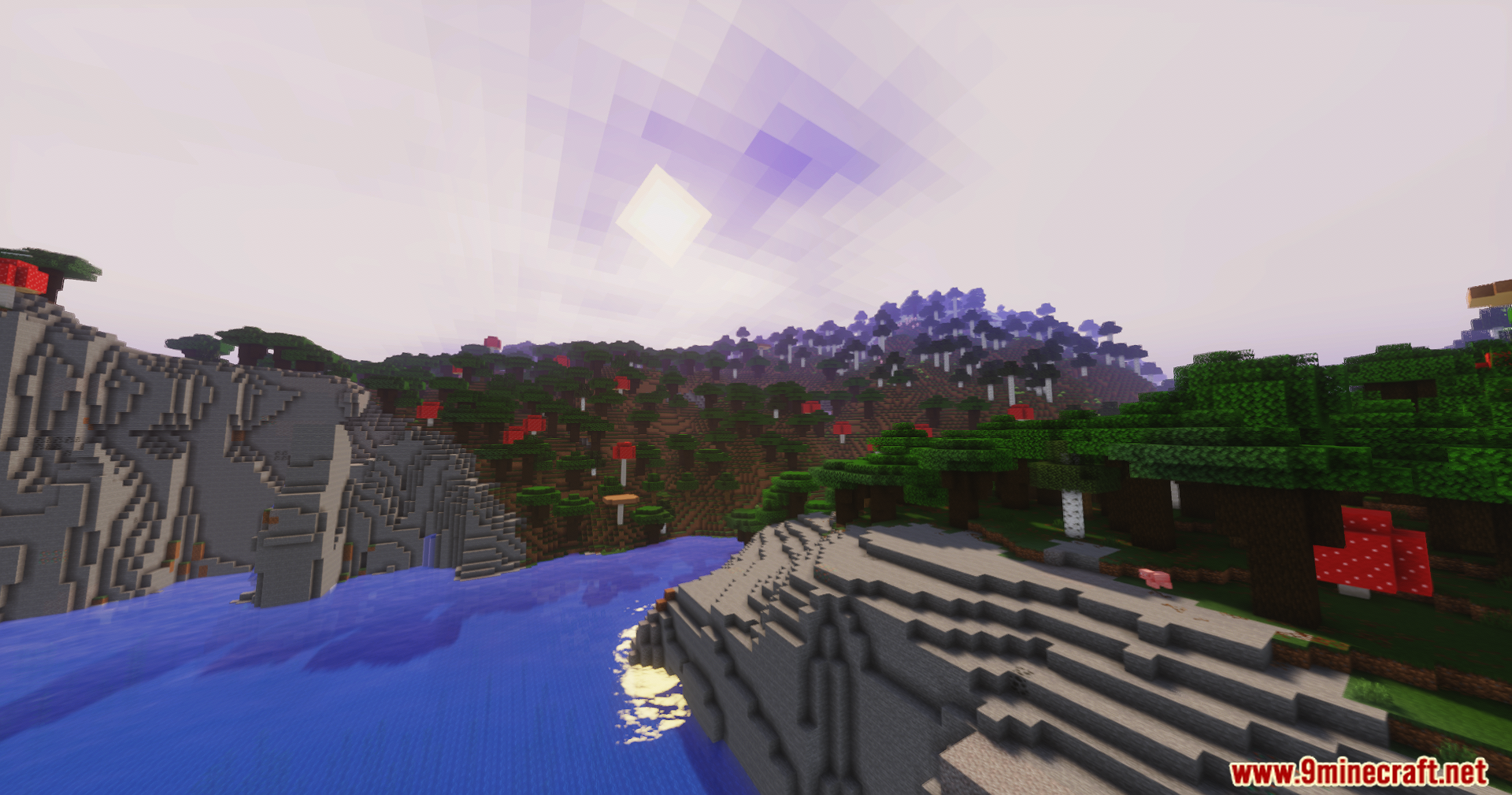 GlamorousSP Shaders Screenshot 9 Vibrant lighting effects on a Minecraft landscape with a river and mushrooms