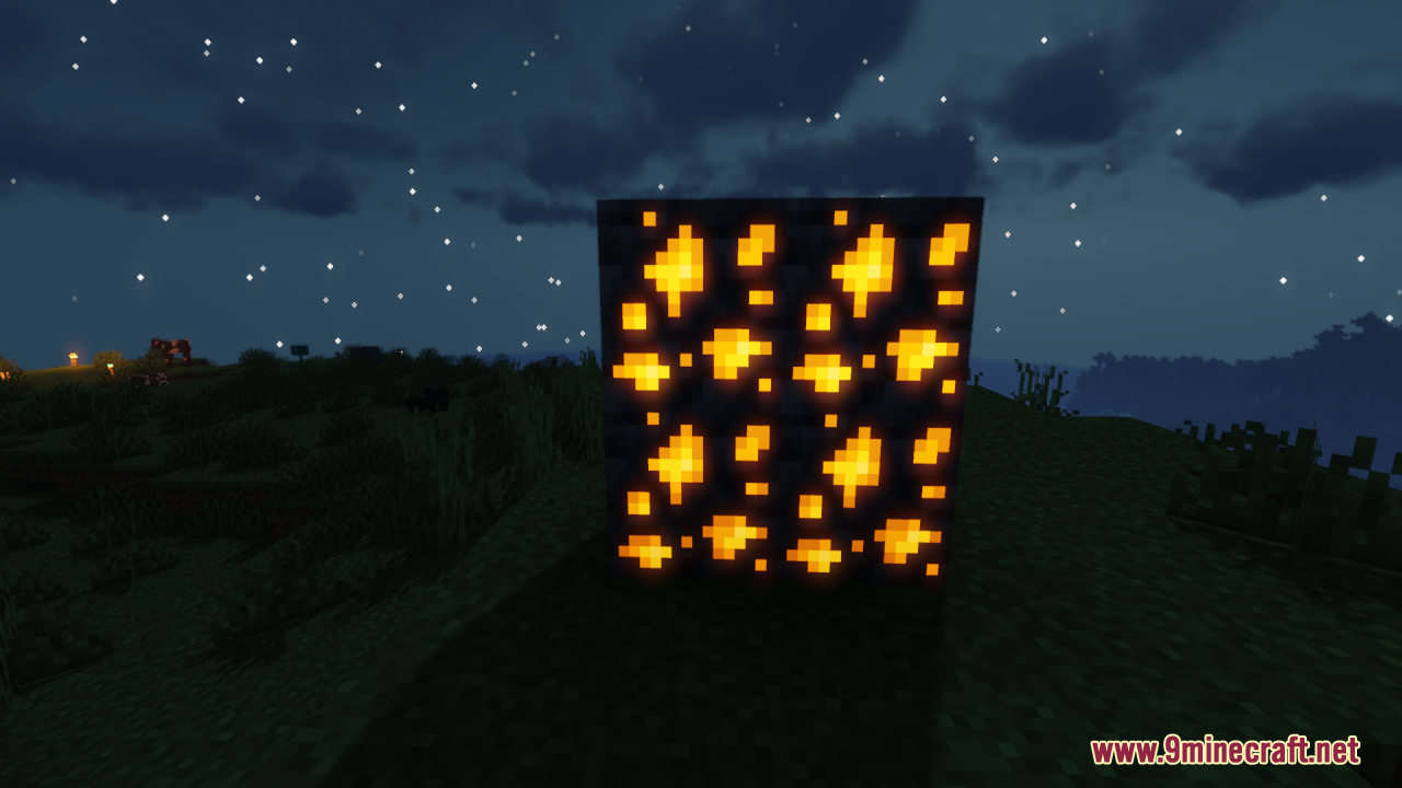 A wall of glowing gold ores illuminating the dark Minecraft landscape at night