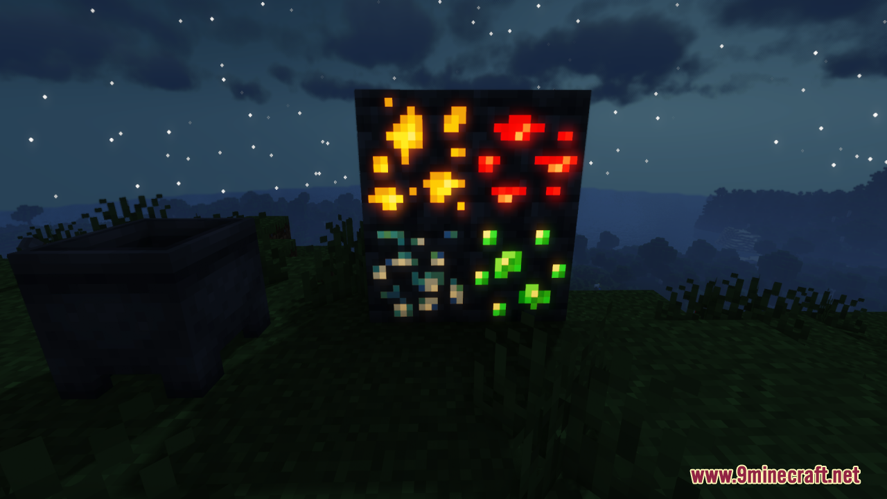 Various glowing ores including gold redstone diamond and emerald shining in the dark