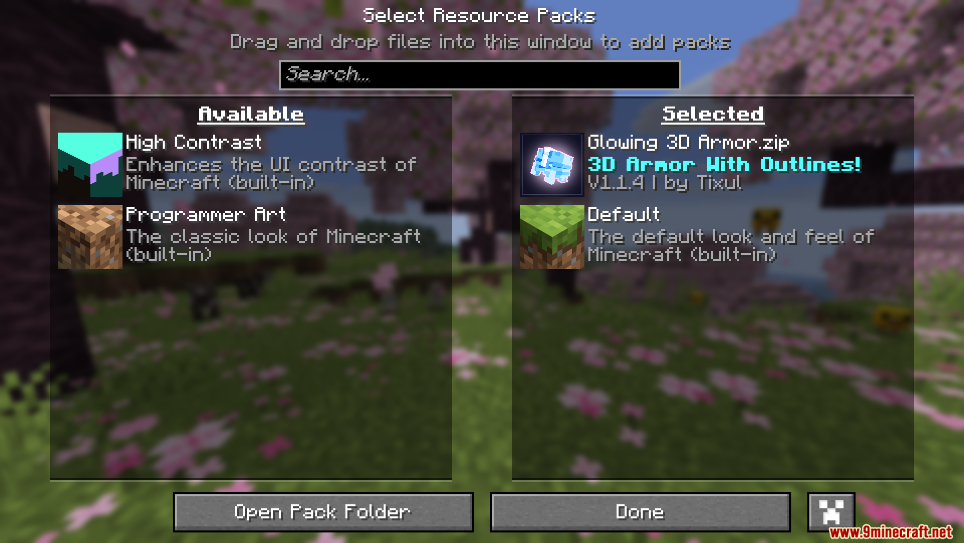 Glowing 3D Armor Resource Pack Screenshot 1 Selecting the Glowing 3D Armor resource pack in the game settings menu
