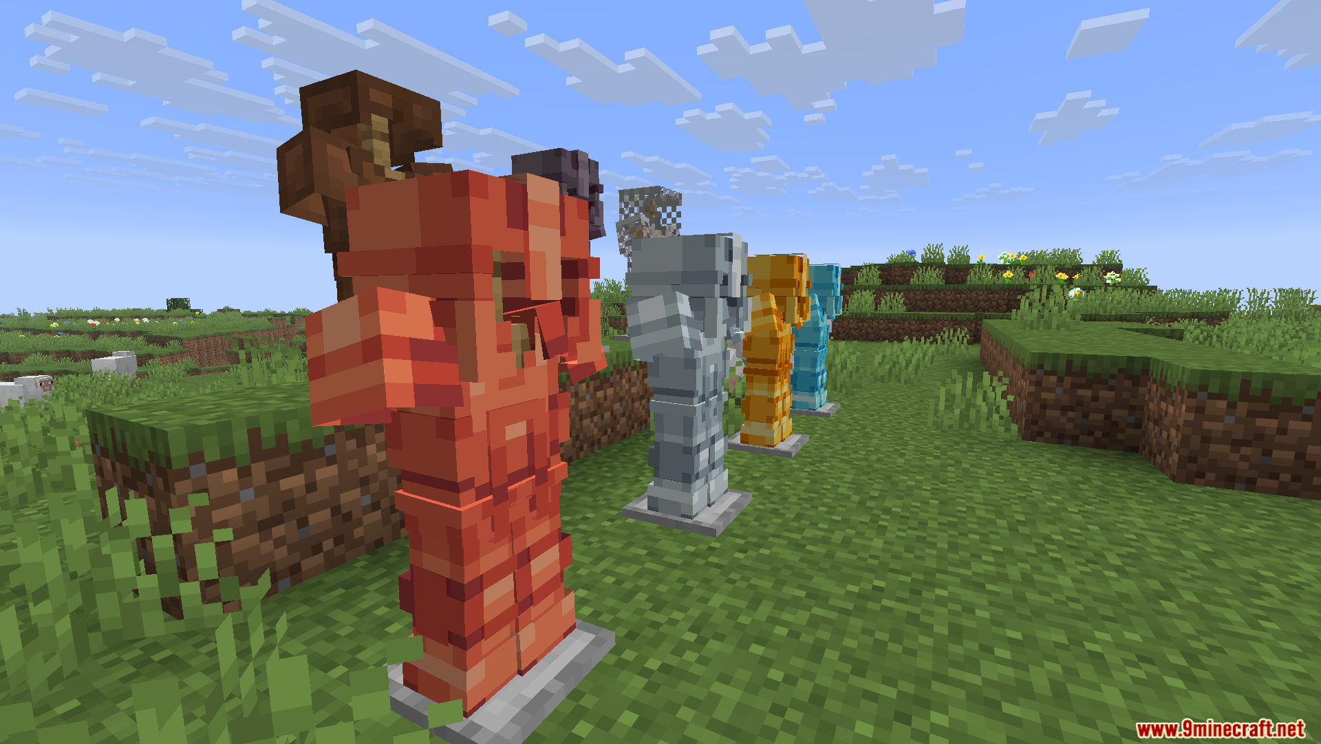 Glowing 3D Armor Resource Pack Screenshot 11 A row of armor stands displaying various types of detailed 3D armor