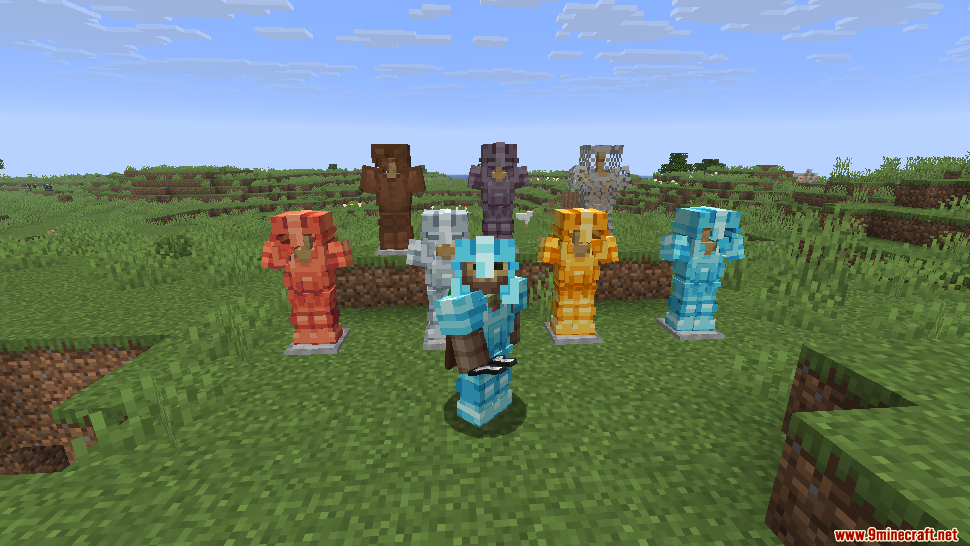 Glowing 3D Armor Resource Pack Screenshot 12 A player wearing diamond armor stands in front of several 3D armor sets