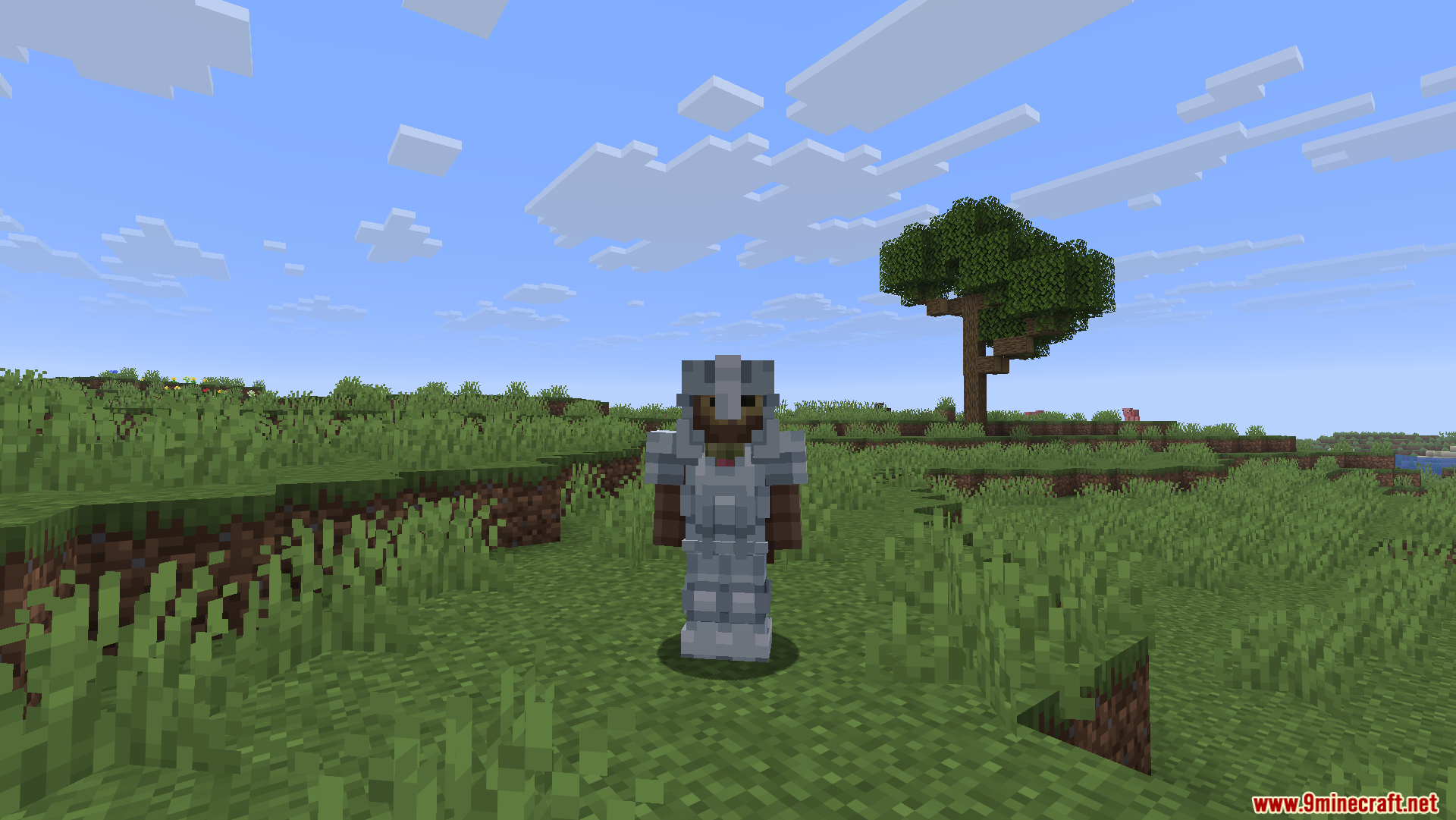Glowing 3D Armor Resource Pack Screenshot 5 Player character wearing a full set of 3D iron armor in a grassy field