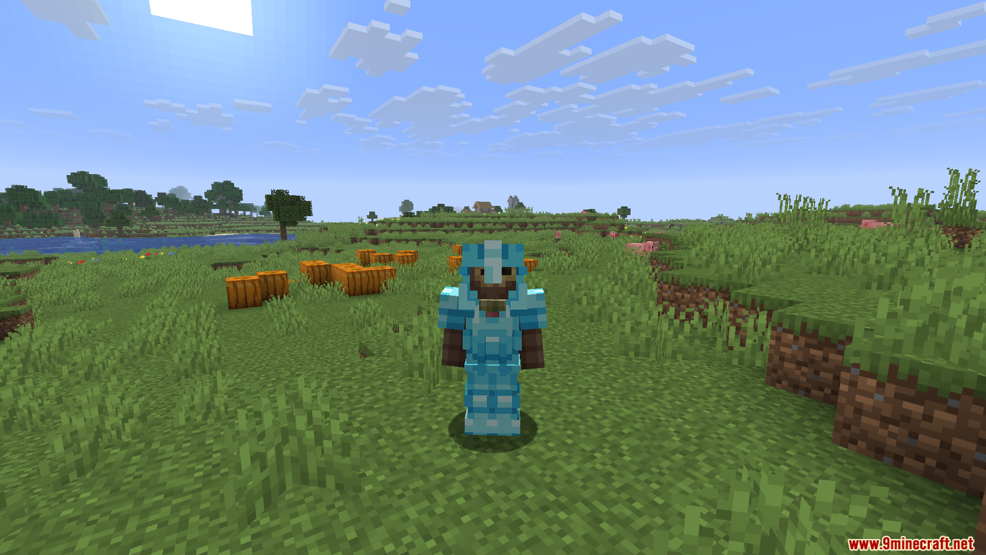 Glowing 3D Armor Resource Pack Screenshot 6 Player character wearing a full set of 3D diamond armor near a village