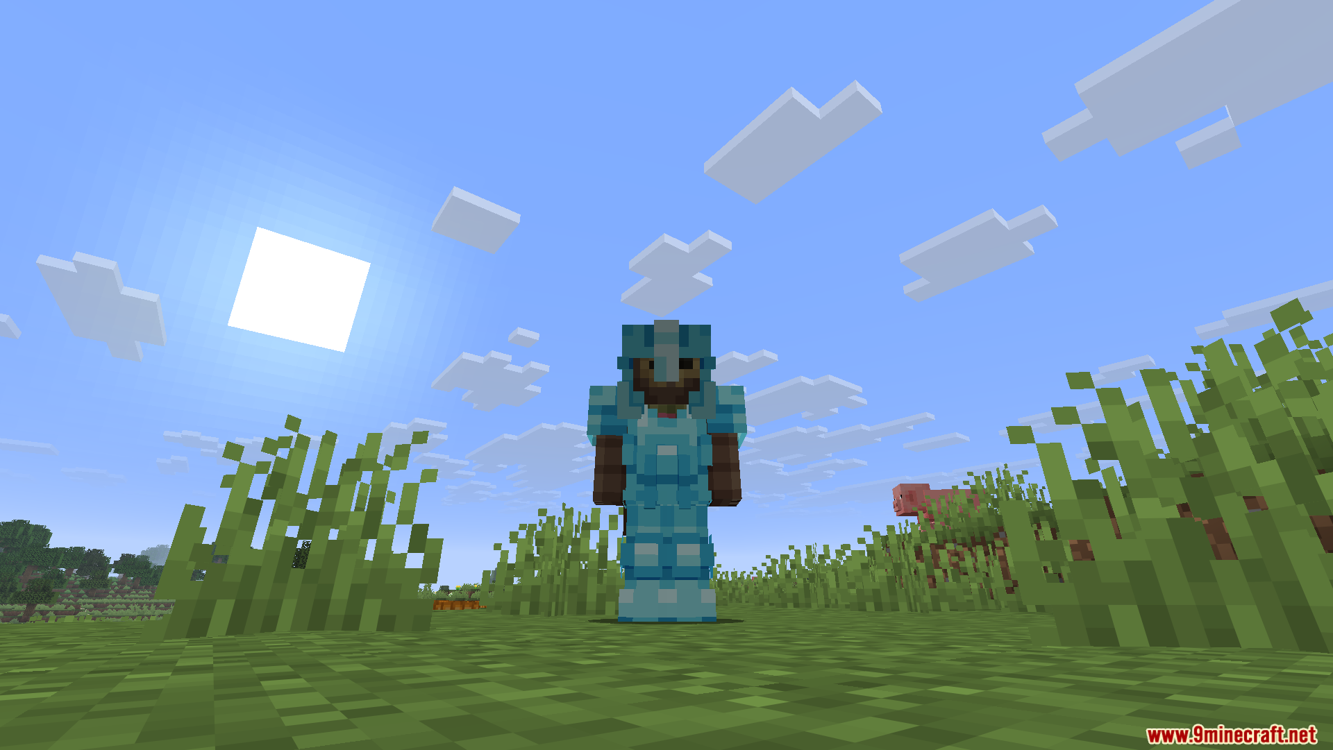 Glowing 3D Armor Resource Pack Screenshot 7 A player character wearing Glowing 3D Armor in a sunny grassy field