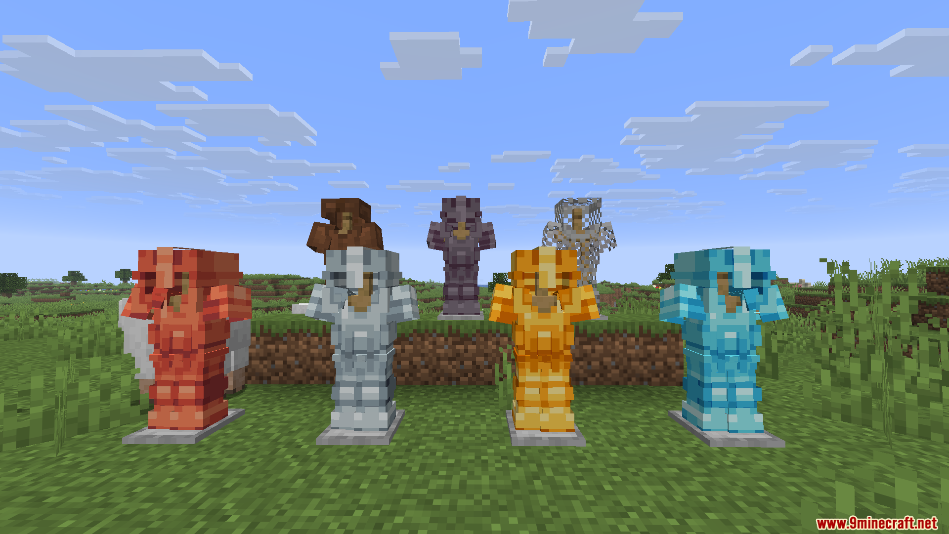 Glowing 3D Armor Resource Pack Screenshot 8 Various sets of Glowing 3D Armor displayed on armor stands outdoors
