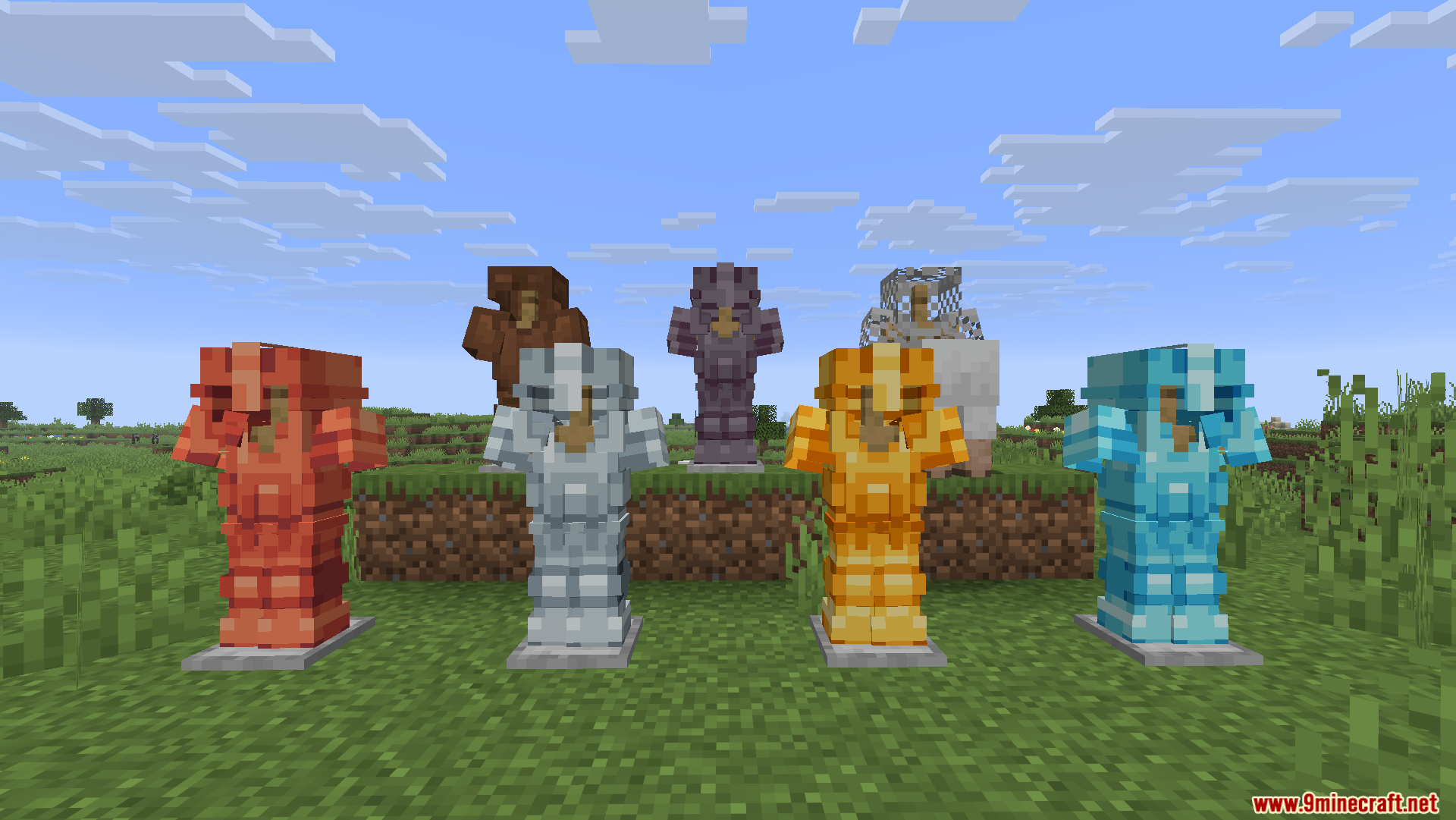 Glowing 3D Armor Resource Pack Screenshot 9 Seven armor stands displaying different types of detailed 3D armor in Minecraft