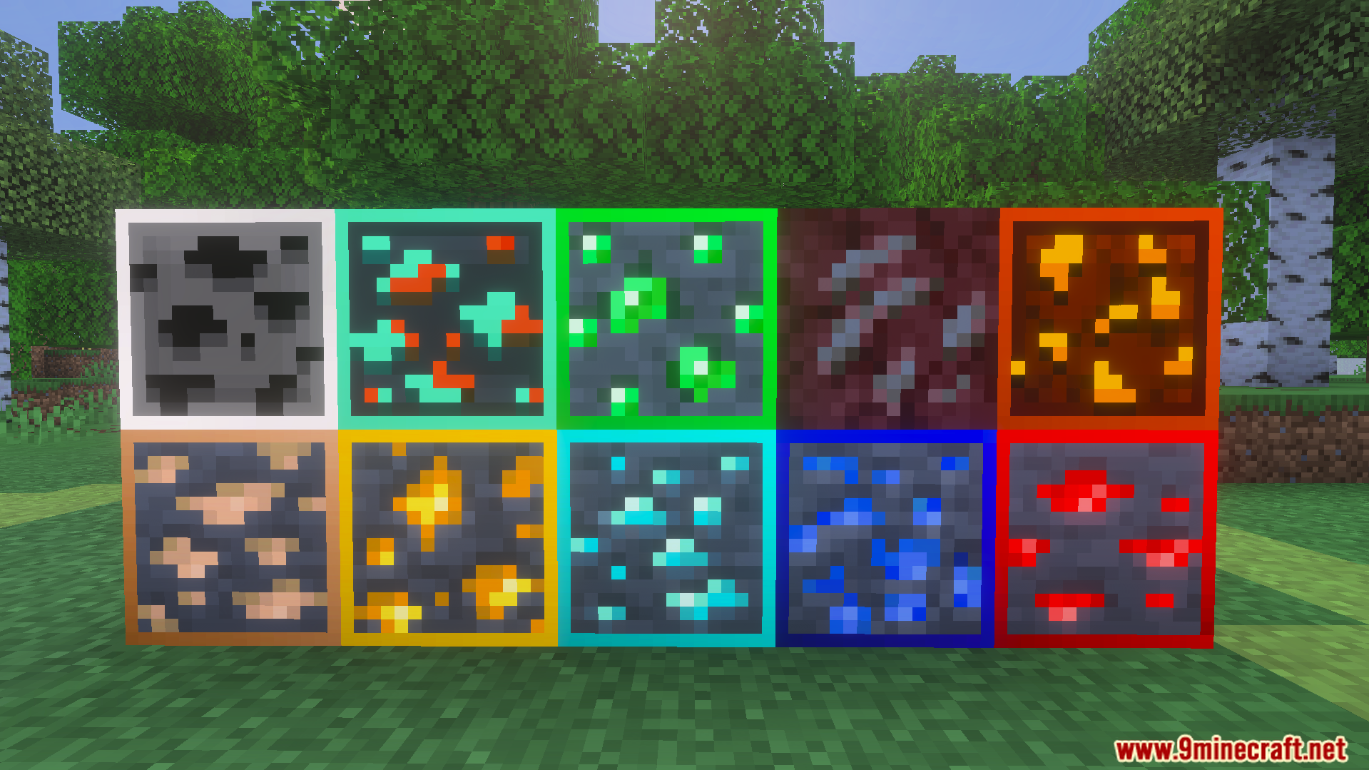 Glowing Ores Animated Texture Pack displays various ore blocks with bright colored outlines