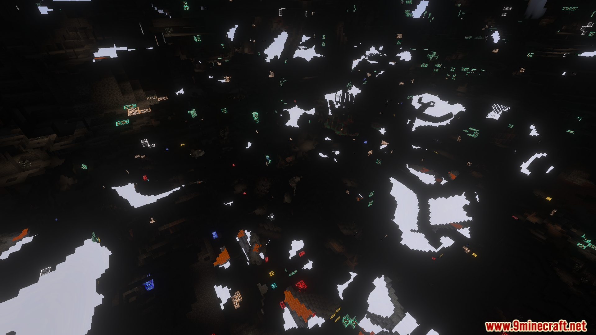 Brightly glowing ore outlines are easily spotted within a dark underground cave environment