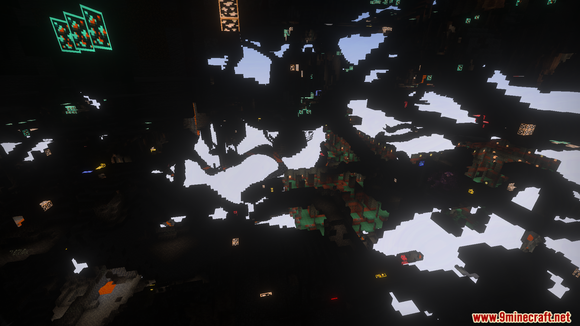 Glowing Ores Animated Texture Pack highlights resources in a dark underground cave system
