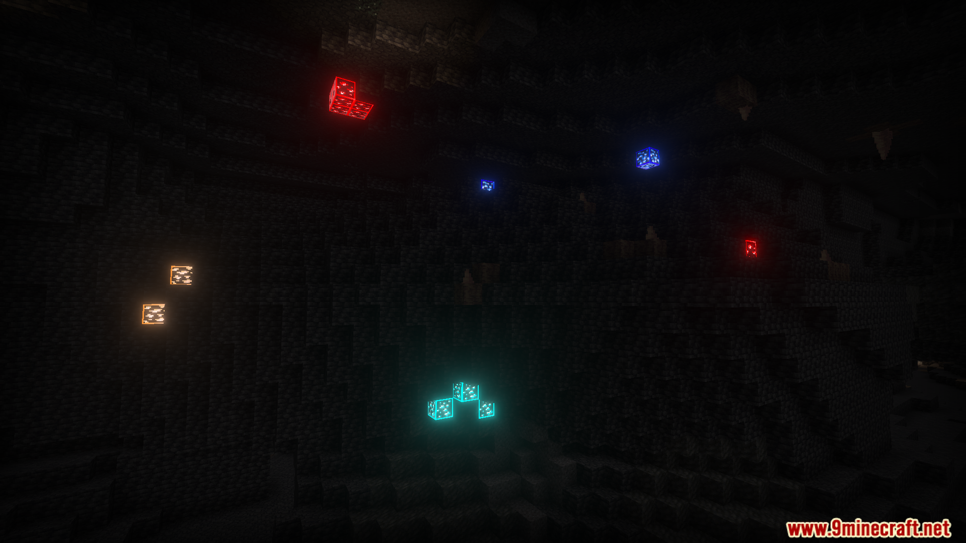 Various ore blocks glowing with bright colors in a dark stone cave