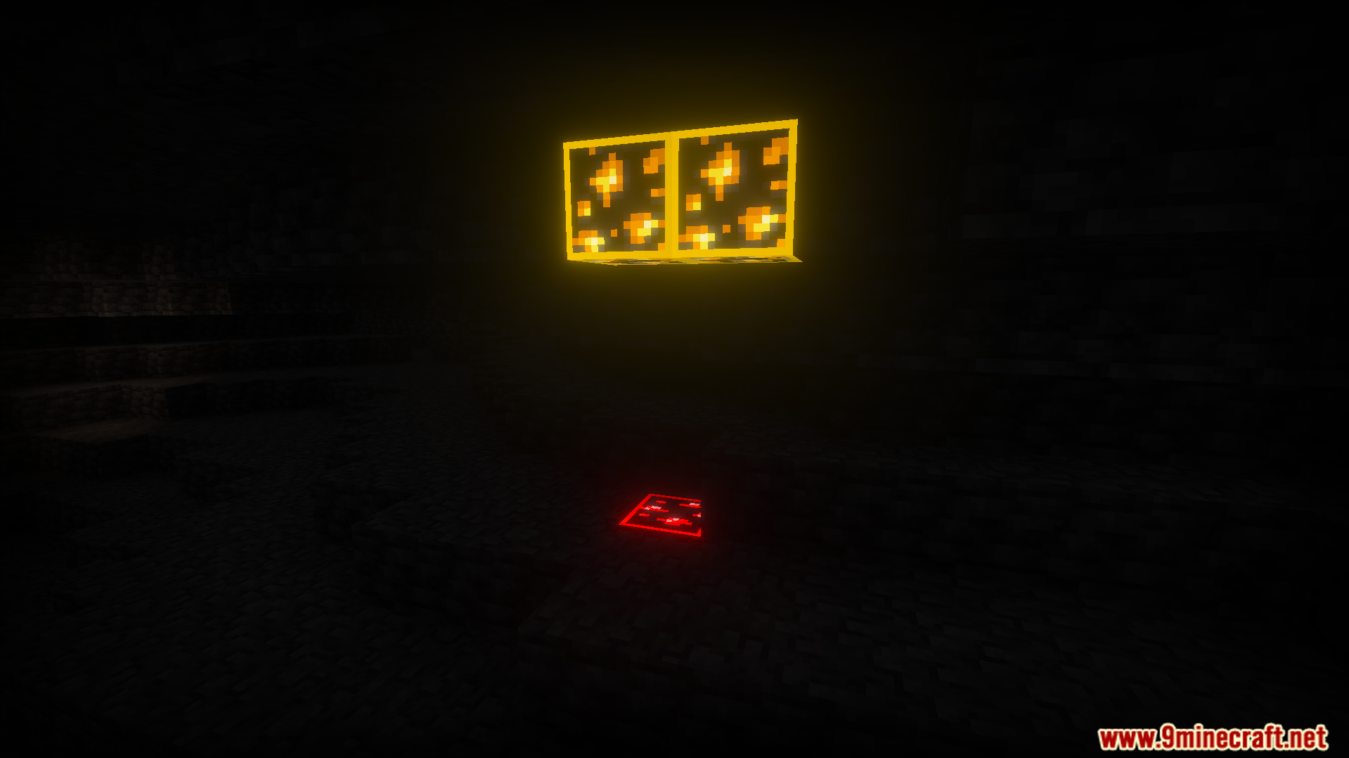 Gold and redstone ores with bright glowing outlines in a dark cave environment